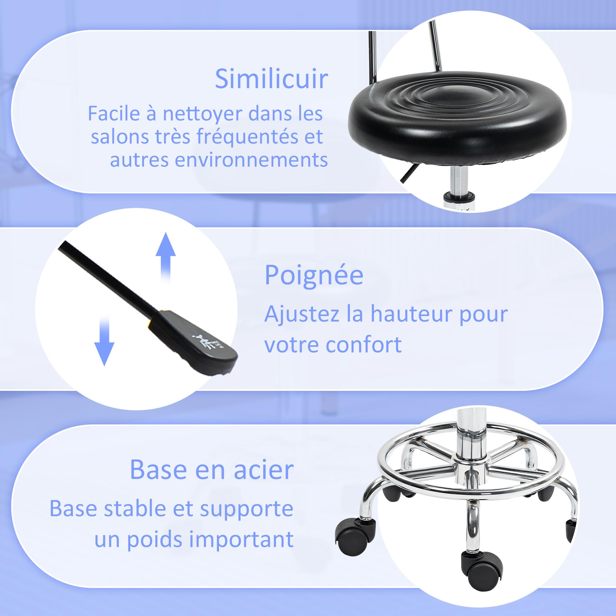 HOMCOM Tabouret à roulettes avec hauteur ajustable 70-86 cm, tabouret de massage pivotant avec dossier et repose-pieds, chaise de travail à roulettes pour salon de massage, tatouage, clinique, noir