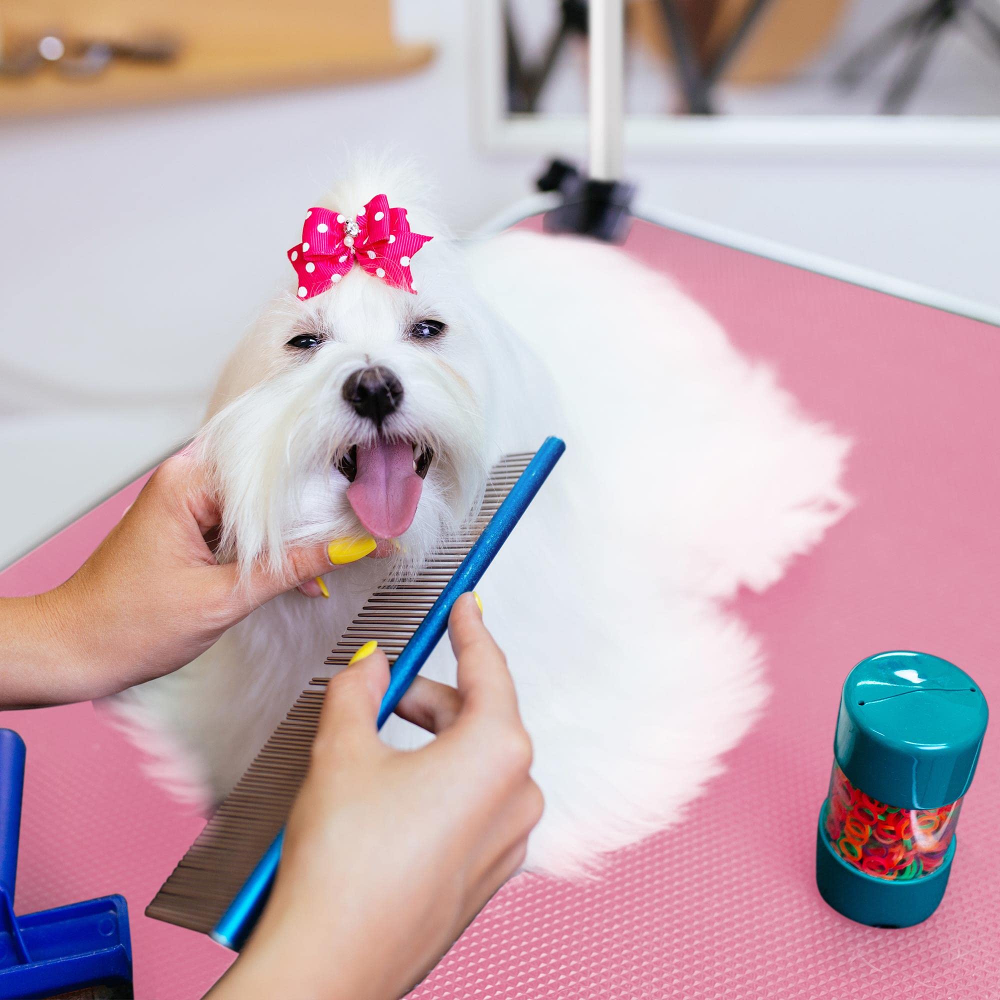 Yaheetech Tavolo da Toelettatura per Cani Gatti Animali Domestici Pieghevole Cestino a Rete Altezza Regolabile Rosa