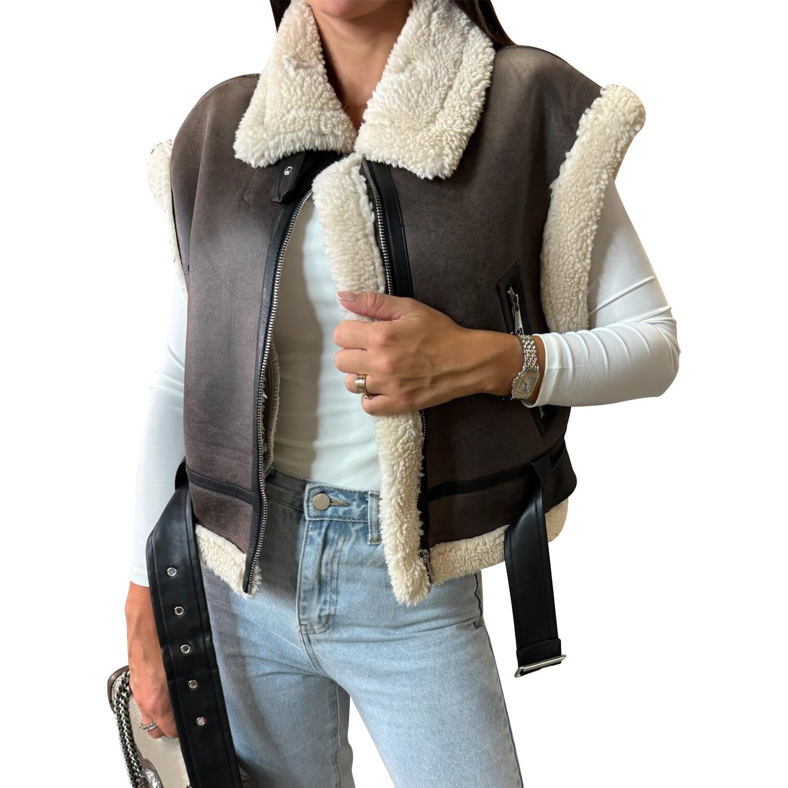 Generisch Ärmellose Weste Damen Kurz Lederjacke Damen Teddy Winterjacke Warm Bomberjacke Kunstleder Motorrad Jacke Vintage Übergangsjacke Elegant Revers Kunstlederjacke Mit Gürtel Motorradjacke