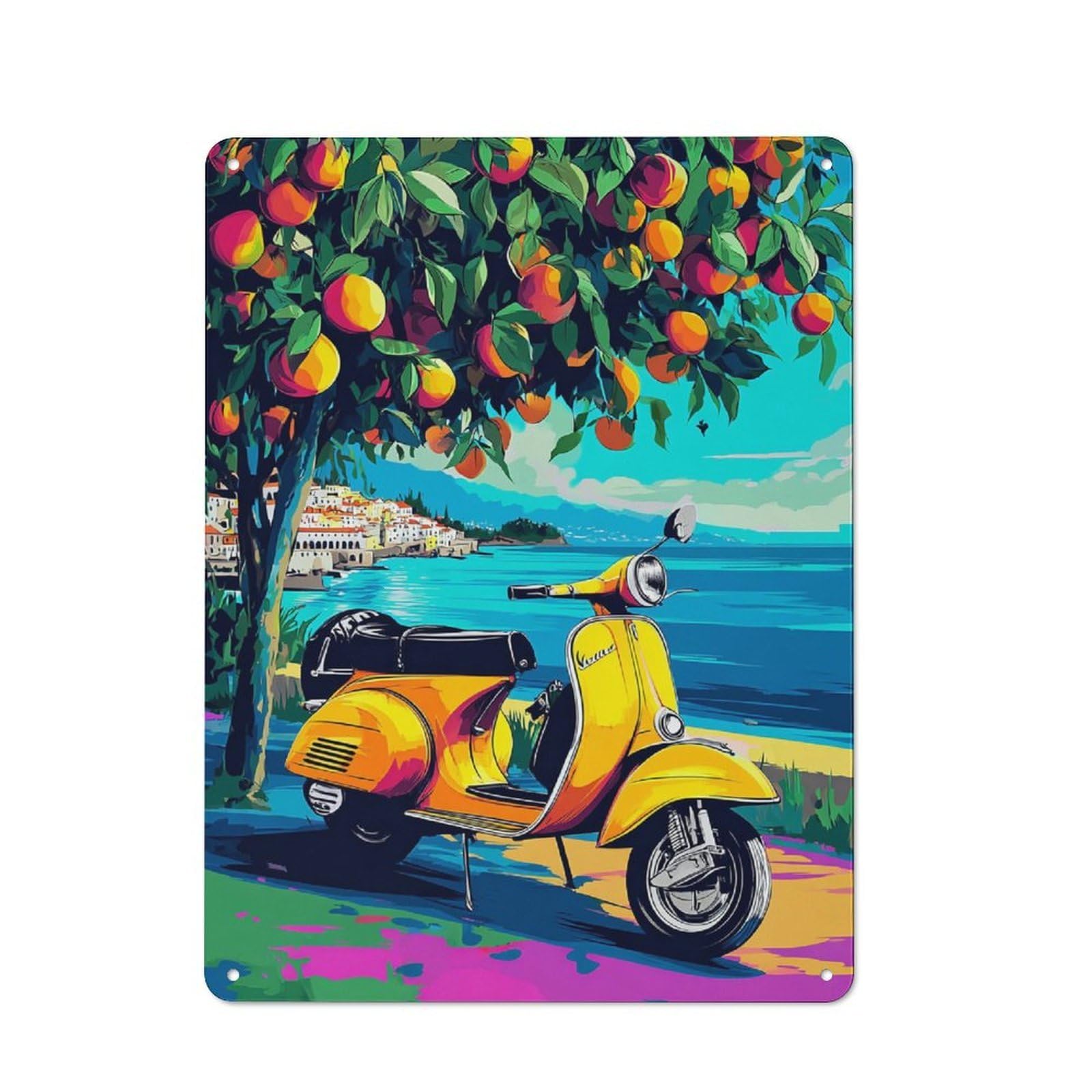 Junmoney Vibrant Scooter By The Sea -4 Vintage Tin Sign 40X30cm, Old Fashioned Retro Room Decor For Bedroom, Office, Home Bar Or Dining Room