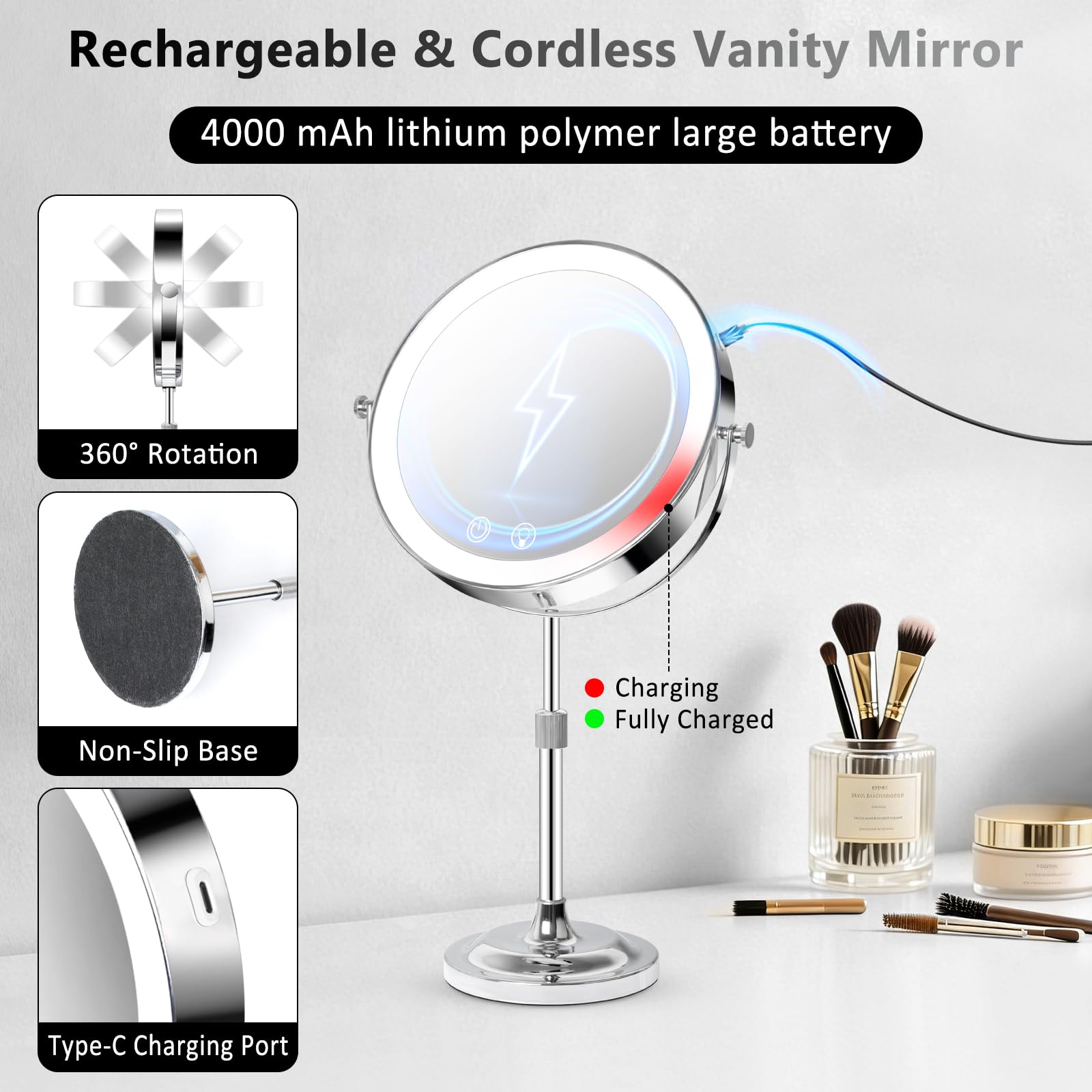 Lighted Makeup Mirror, 1X/10X Double-Sided, Rechargeable 4000mAh