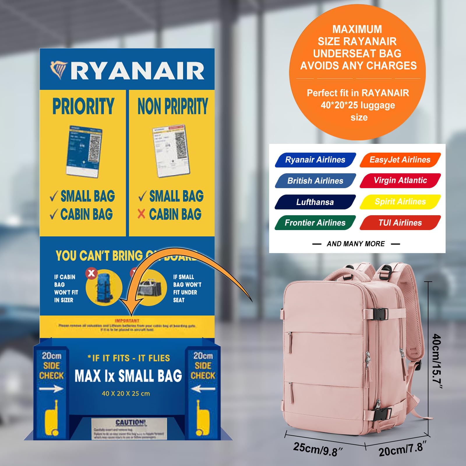 HPLQQ Zaino Bagaglio a Mano Ryanair 40x20x25 Zaino Aereo Borse da Cabina per Easyjet 45x36x20 Zaino da Viaggio donna, Borsa da Viaggio aereo Impermeabile Zaino Casual Porta PC