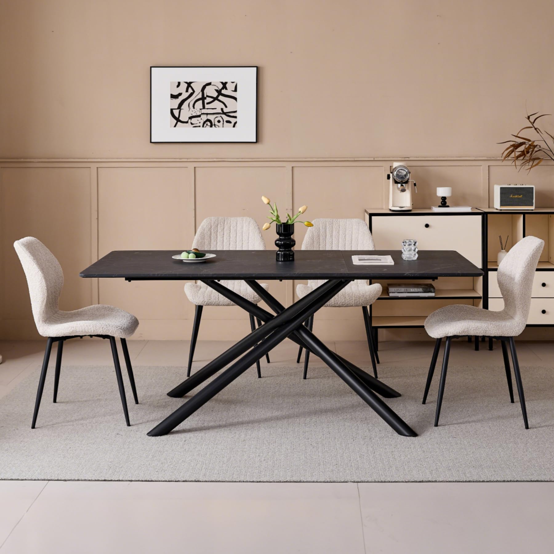 Tavolo da pranzo rettangolare, tavolo da cucina moderno, piano in MDF giuntato 180x90cm, gambe a croce in metallo, può ospitare 6-8 persone (imitazione marmo nero)
