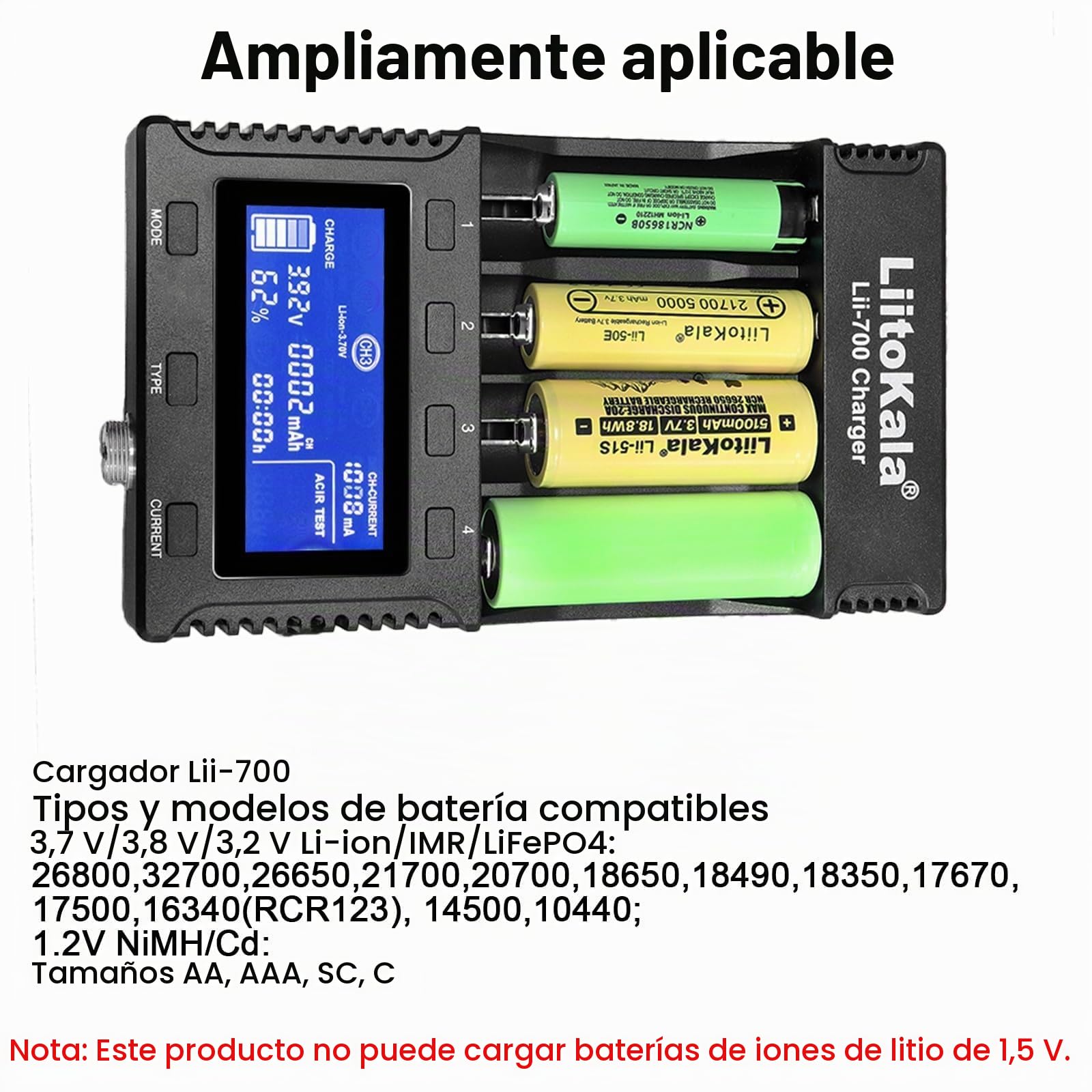 Cargador Inteligente Liitokala Lii-700 para batería de Ion de Litio, Prueba de Resistencia Interna, detección de Capacidad y Modo de reparación con Adaptador de 12 V 5 A 32700/26700/26650 AA y AAA
