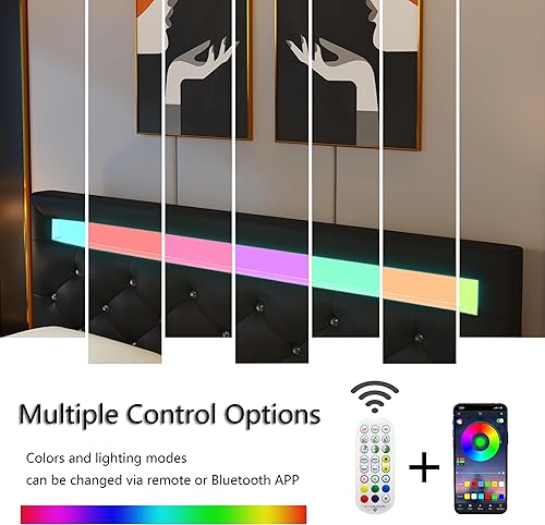 Miniatura 4 de TTVIEW Base de cama Queen con luces LED, marco de cama de plataforma de cuero con cabecera tapizada ajustable, luces LED de control de aplicación,