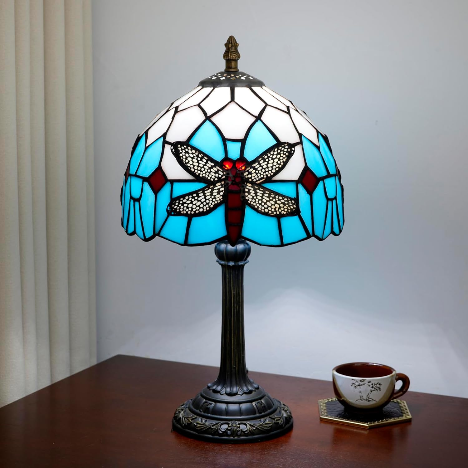 Tiffany Table Lamp Blue Dragonfly Stained Glass Bedside Lamp Antique Unique Cute Accent Nightstand Light for Home Living Room Office Dormitory Bar Decorate
