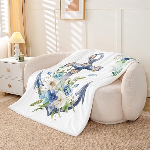 Miniatura 3 de Manfei Manta náutica de ancla con diseño de hojas de flores en acuarela para decoración de habitación de niños y niñas, manta temática marina para