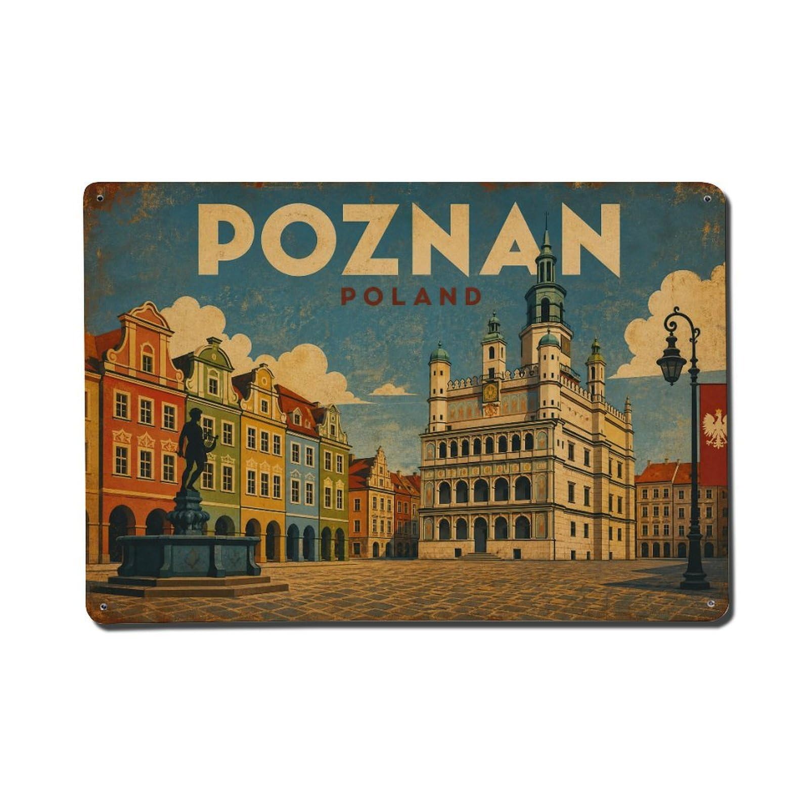 Retro Travel Poland Poznan Metal Tin Sign Plaque Wall Decor for Cafe, Club Bar, Office, Garden Metal Poster 8x12Inch