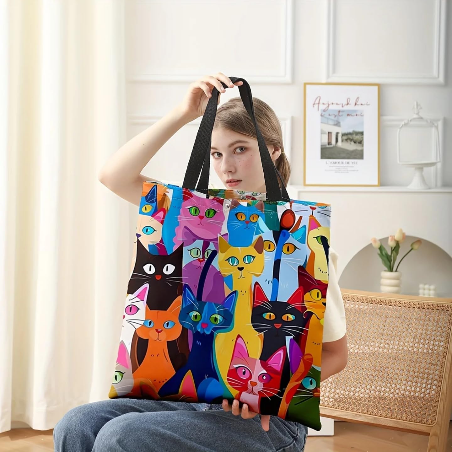 Cat Tote Bag for Women – Reusable Canvas Shopping Bag with Cute Kitten Print – Lightweight & Eco-Friendly Gift for Cat Lovers - Image 3