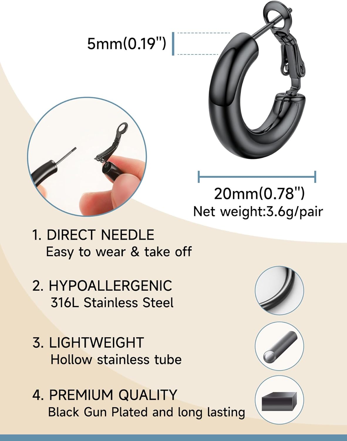 Stainless Steel Chunky Hoop Earrings For Women, Minimalist and Chic, Black/Gold Plated, Round Hoops Earrings Hypoallergenic, Size: 30mm/40mm/60mm/80mm, Come with Box - Image 5
