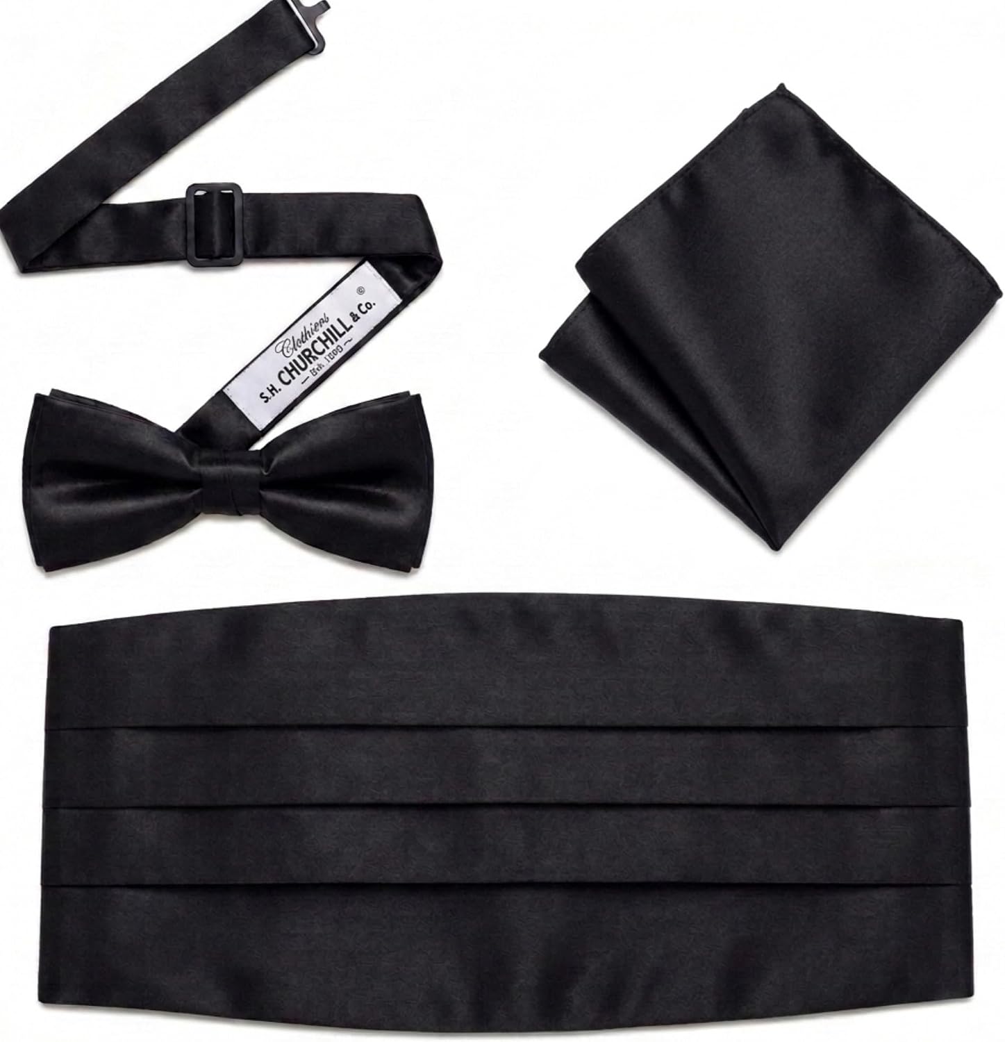 Men's Satin Cummerbund, Pre-Tied Bow Tie & Pocket Square Set