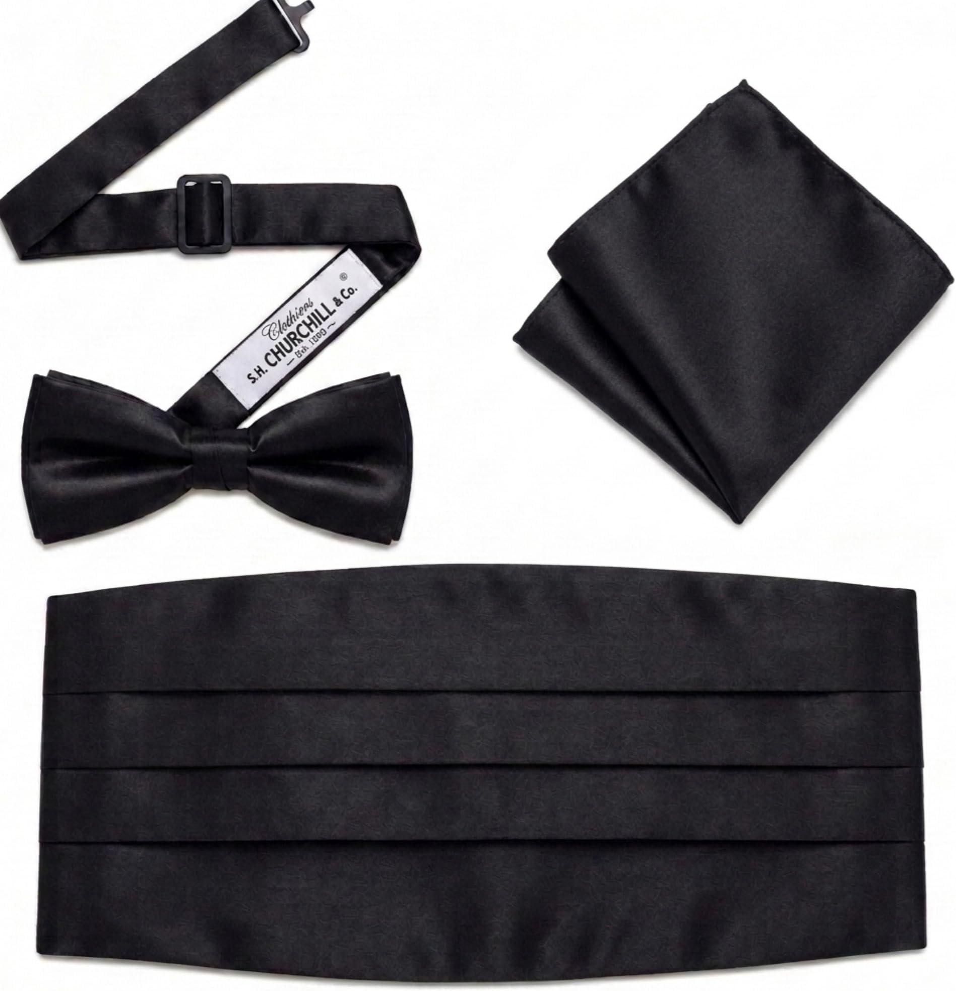 Men's Satin Cummerbund, Pre-Tied Bow Tie & Pocket Square Set
