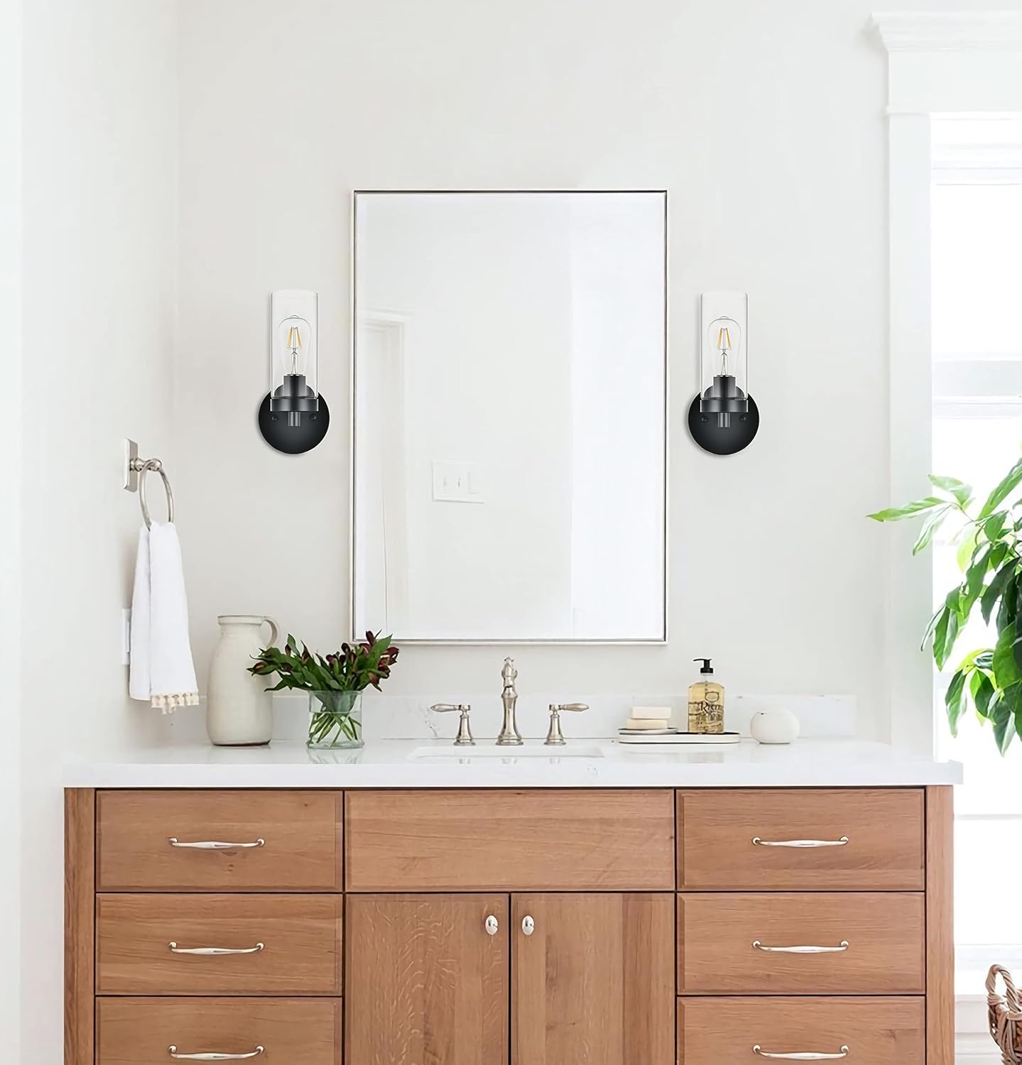 1-Light Simple Matte Black Indoor Hardwired Vanity Wall Lights Fixture with Clear Glass Shade, Vintage Wall sconces Lighting Decor for Kitchen Living Room Hallway Bathroom Bedroom Bedside