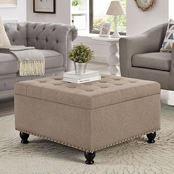 Oversized Ottoman with Storage, 30 Inch Large Square Storage Ottoman, Button Tufted Upholstered Coffee Table, Nail Trim, Solid Wood Legs, Linen Fabric Footrest for Living Room & Bedroom Linen