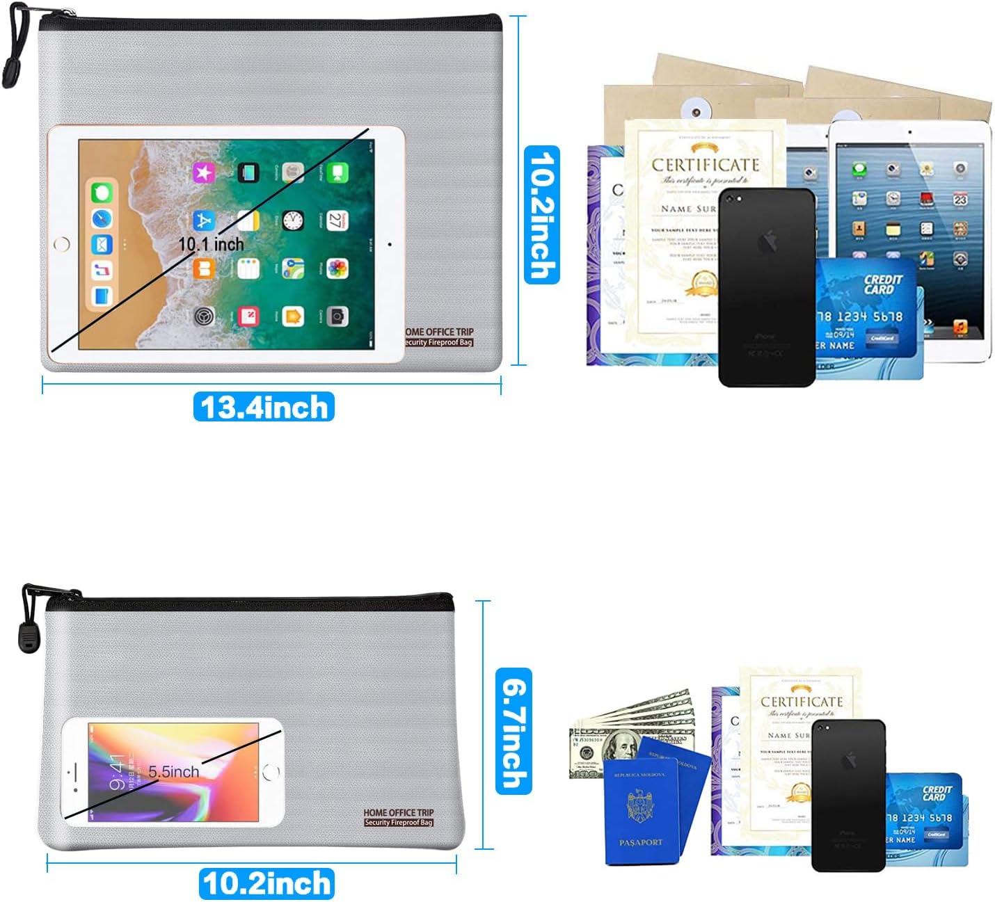 Fireproof Document Bag Home Office Travel Fireproof Safe Storage Pouch for A4 Document Cash Money Valuables Jewelry Passport Currency Keys Tablet Power bank Lipo Battery