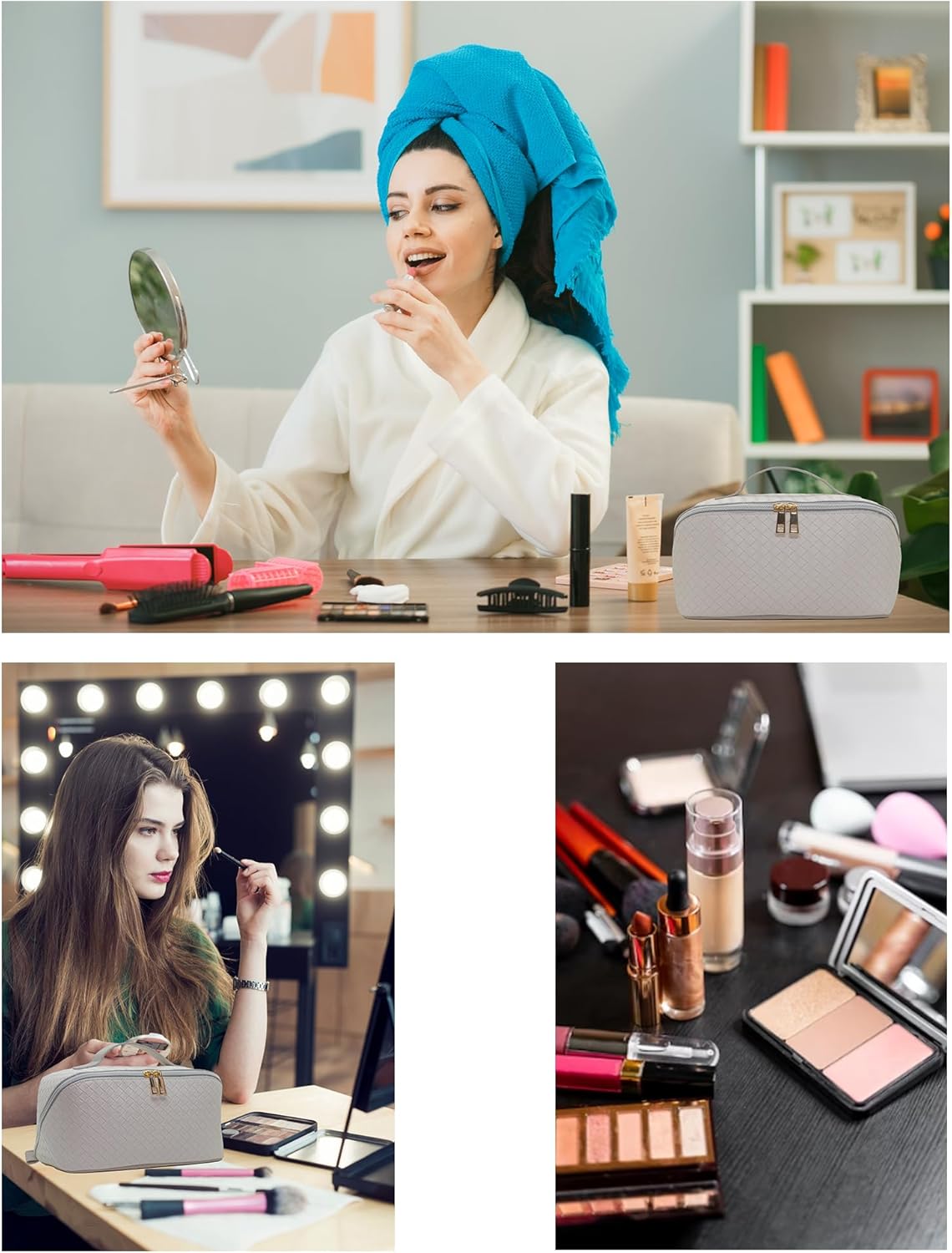 BV BULVERI Makeup Bag Travel Essentials, Large Capacity Cosmetic Bag, Travel Makeup Bag, PU Leather Waterproof, Women Portable Pouch Open Flat Make Up Organizer Case for Toiletries,Brushes(White-Grey)