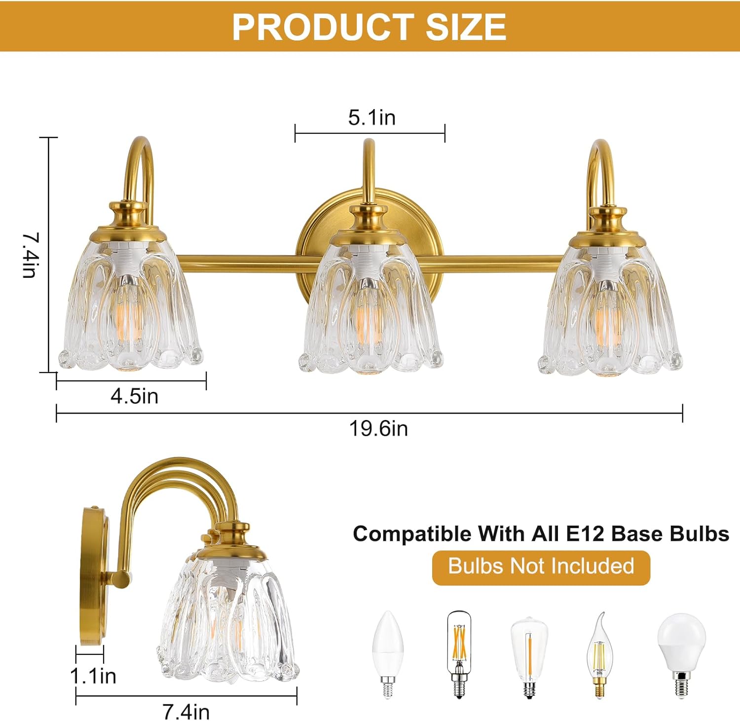 Bathroom Light Fixtures (3-Light), Vintage Brushed Gold Vanity Lights for Bathroom with Clear Tulip Crystal Glass Shade, Vanity Wall Light Over Mirror for Bedroom Living Room Hallway