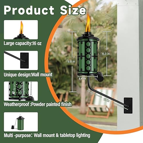 Miniatura 2 de FAN-Torches Paquete de 6 antorchas de citronela montadas en la pared, 16 onzas, antorchas de metal para exteriores, antorchas de jardín para