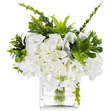 Enova Floral Mixed Silk Cream Hydrangea مع Greenery Fake Flowers Arrangement في مزهرية زجاجية مع Faux Water لديكورات الزفاف في المكتب المنزلي