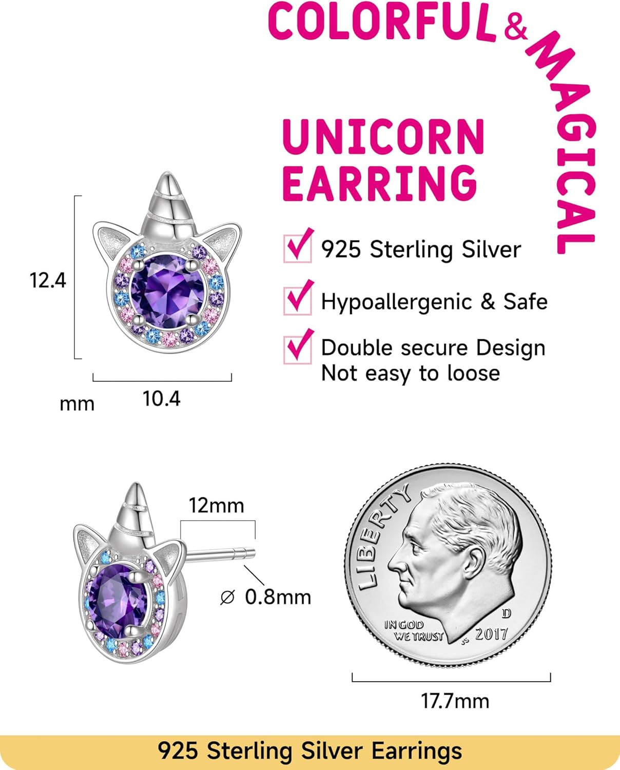 Birthstone Earrings for Girls, 925 Sterling Silver Stud Earrings for Women, Unicorn Gifts for Girls, Cubic Zirconia Studs Earrings, Unicorn Birthday Christmas Gifts for Teens Women - Image 6