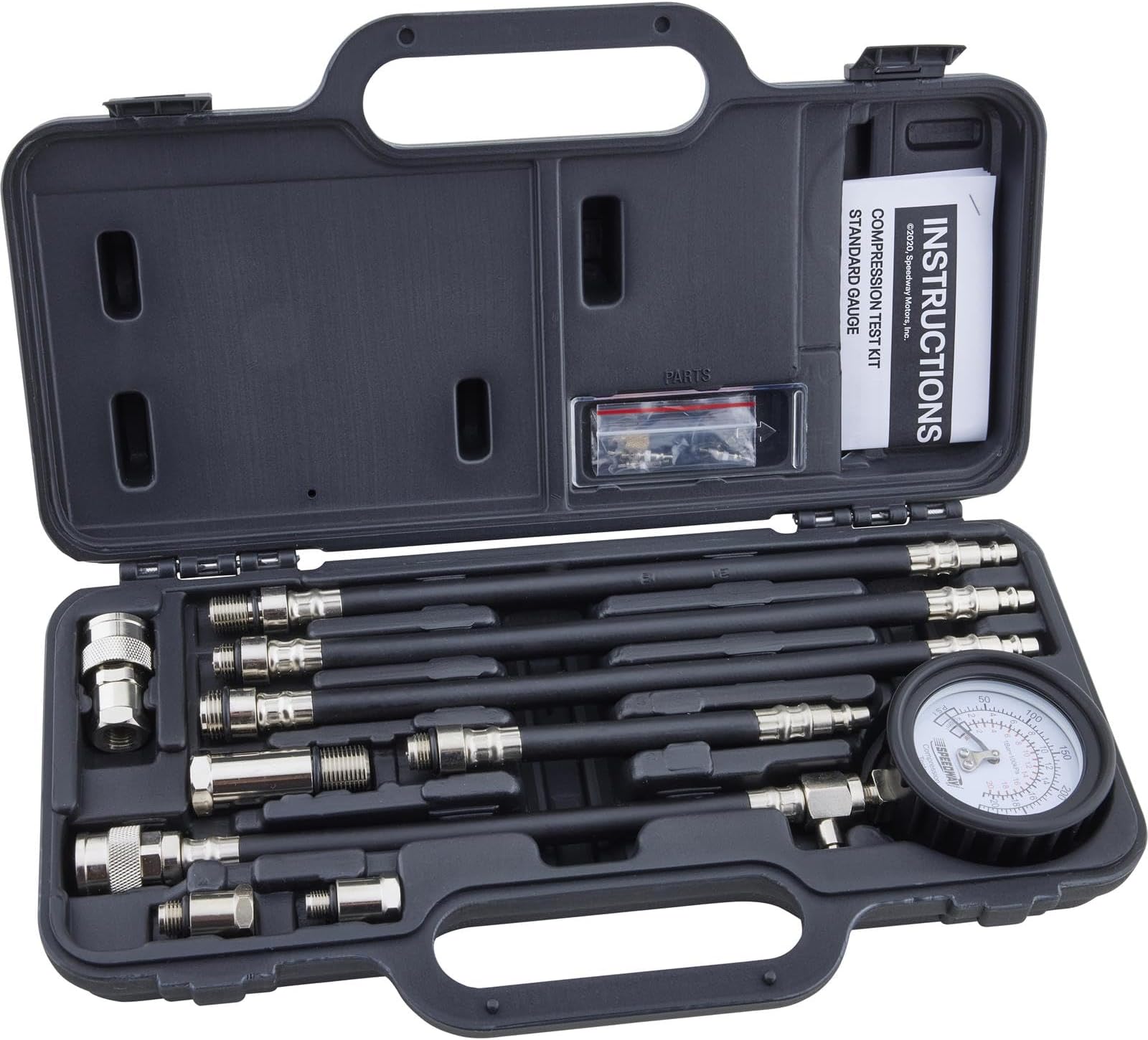 Speedway Motors Compression Test Kit, Standard Gauge, Includes Air Hold Quick Connector, Heavy-Duty Gauge with Whip Hose, Adapters for Small to Large Engines, Molded Case