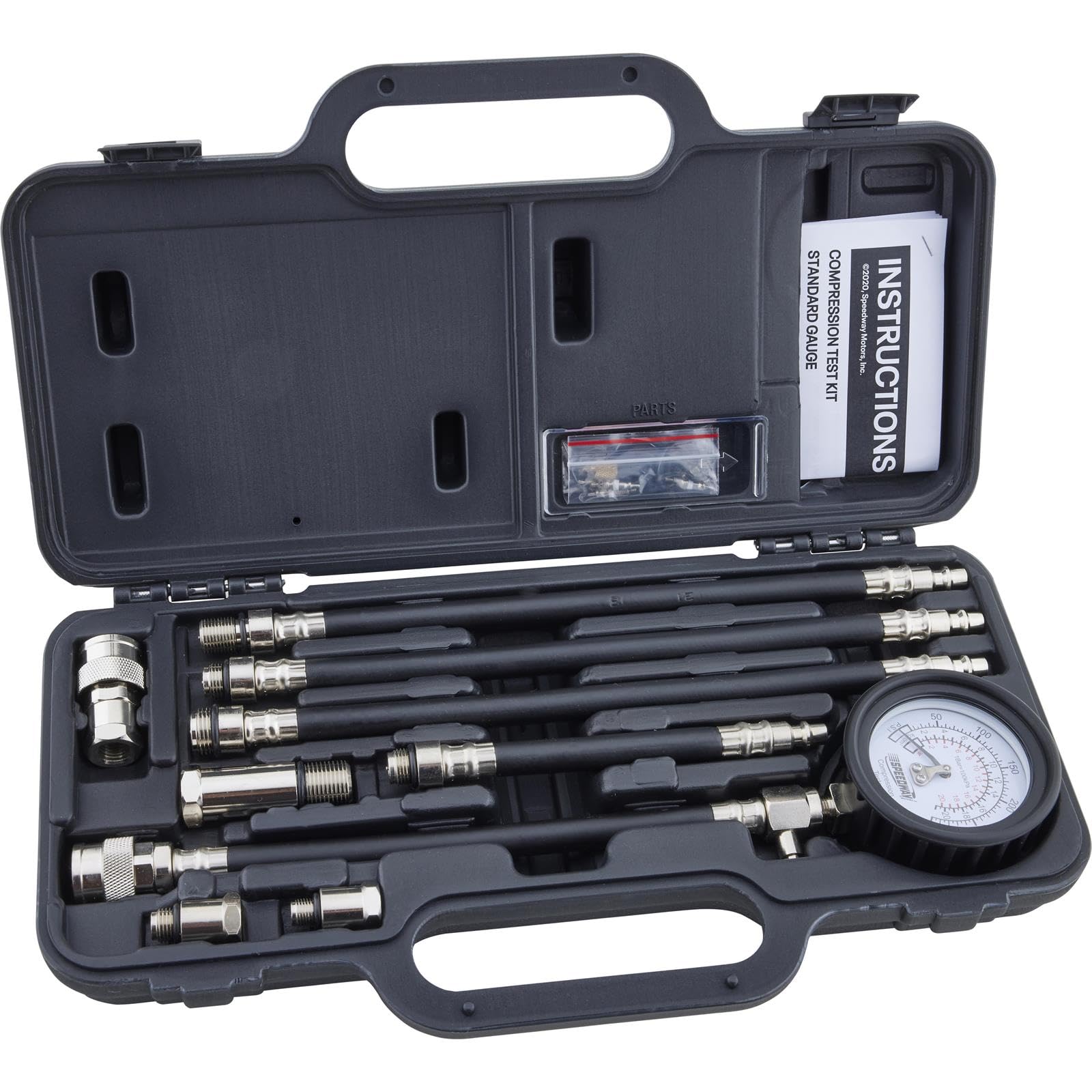Speedway Motors Compression Test Kit, Standard Gauge, Includes Air Hold Quick Connector, Heavy-Duty Gauge with Whip Hose, Adapters for Small to Large Engines, Molded Case