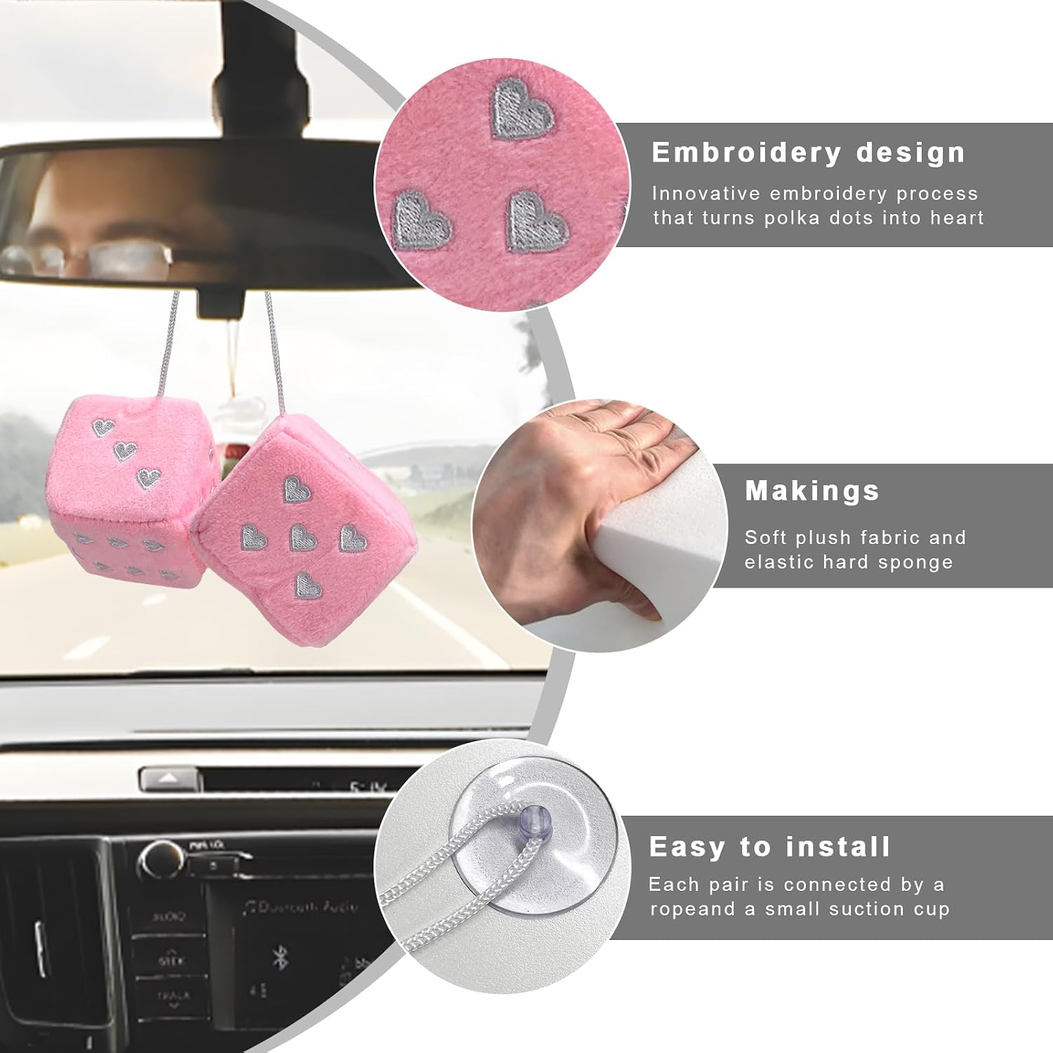2 PCS Fuzzy Plush Dice for Car Mirror, 2.75" Retro Square Heart Shape Car Rearview Mirror Cute Decor, Fluffy Dice Vehicle Hanging Ornament Decoration Interior for Women (Pink) image 3
