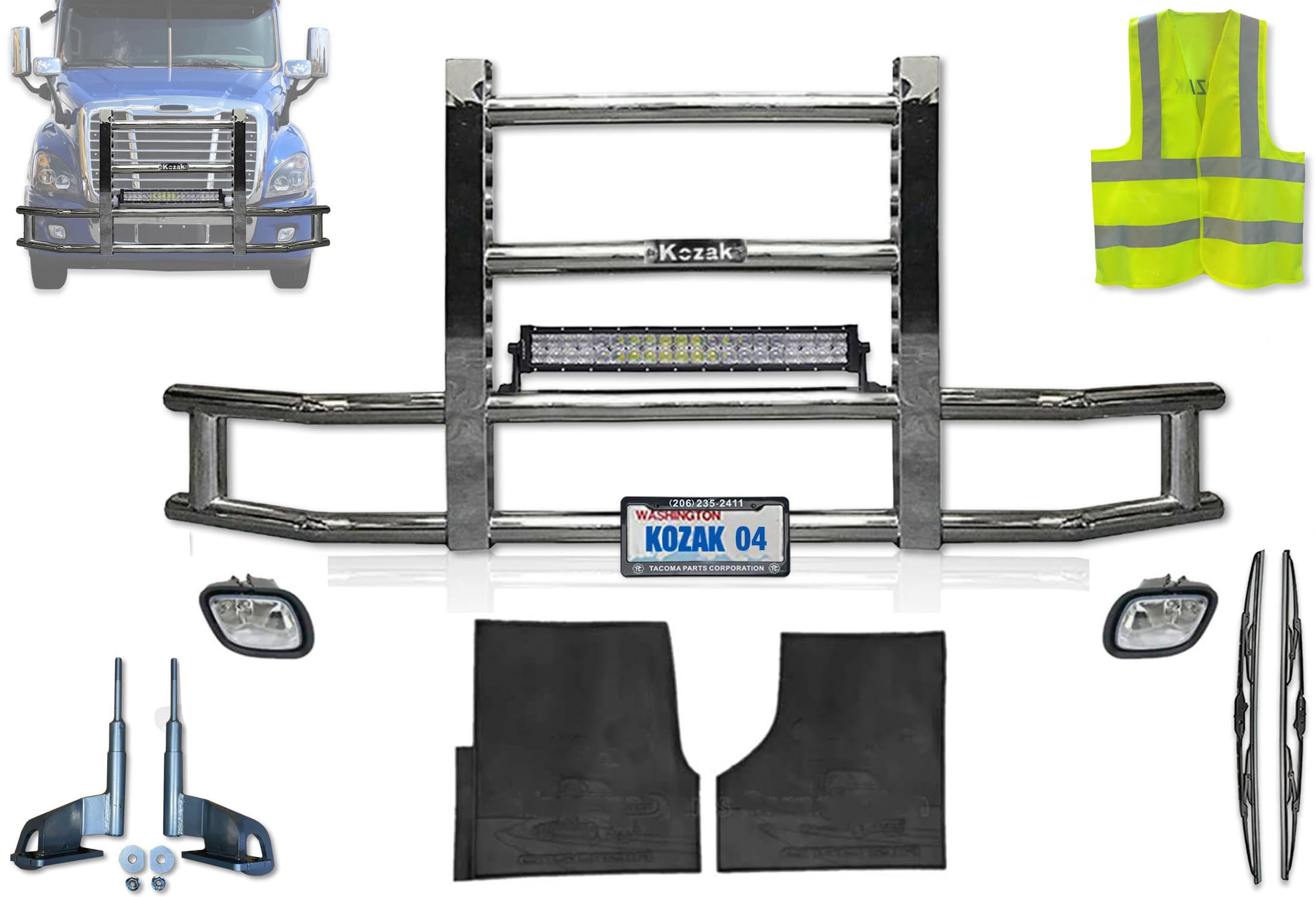 Compatible with Freightliner Cascadia 2008-2017 Grille moose deer Bumper Guard + Mounting brackets 22" LED BAR, Wipers, License plate holder & frame, Foglight Pair, side Floor mats LH & RH, Logo