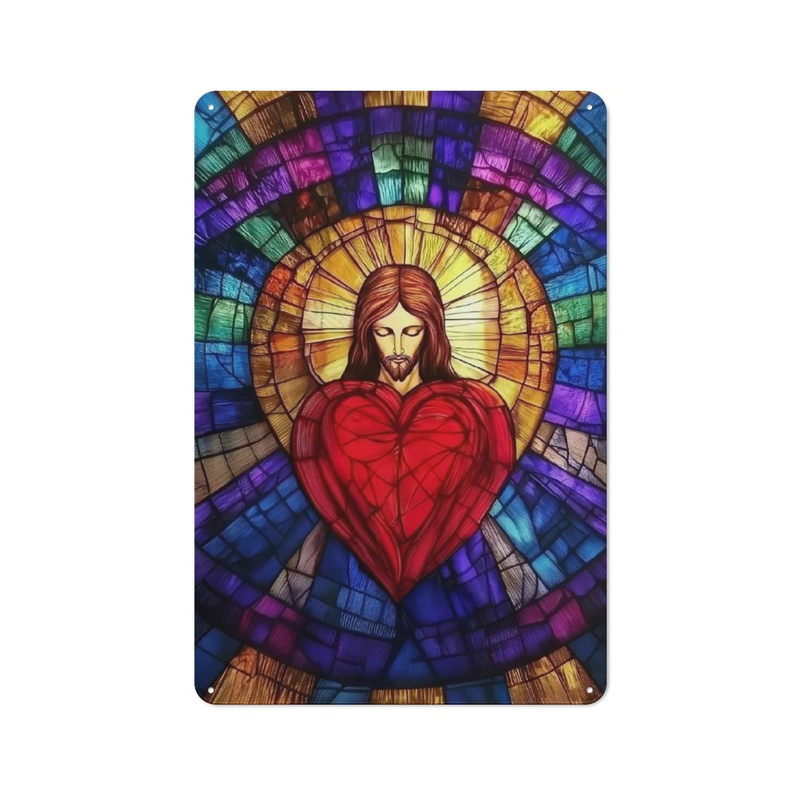 Junmoney Jesus Sacred Heart Stained Glass 30X20cm Retro Metal Plaque With For Kitchen Or Home Bar, For Garage, Workshop And Man Cave Decoration