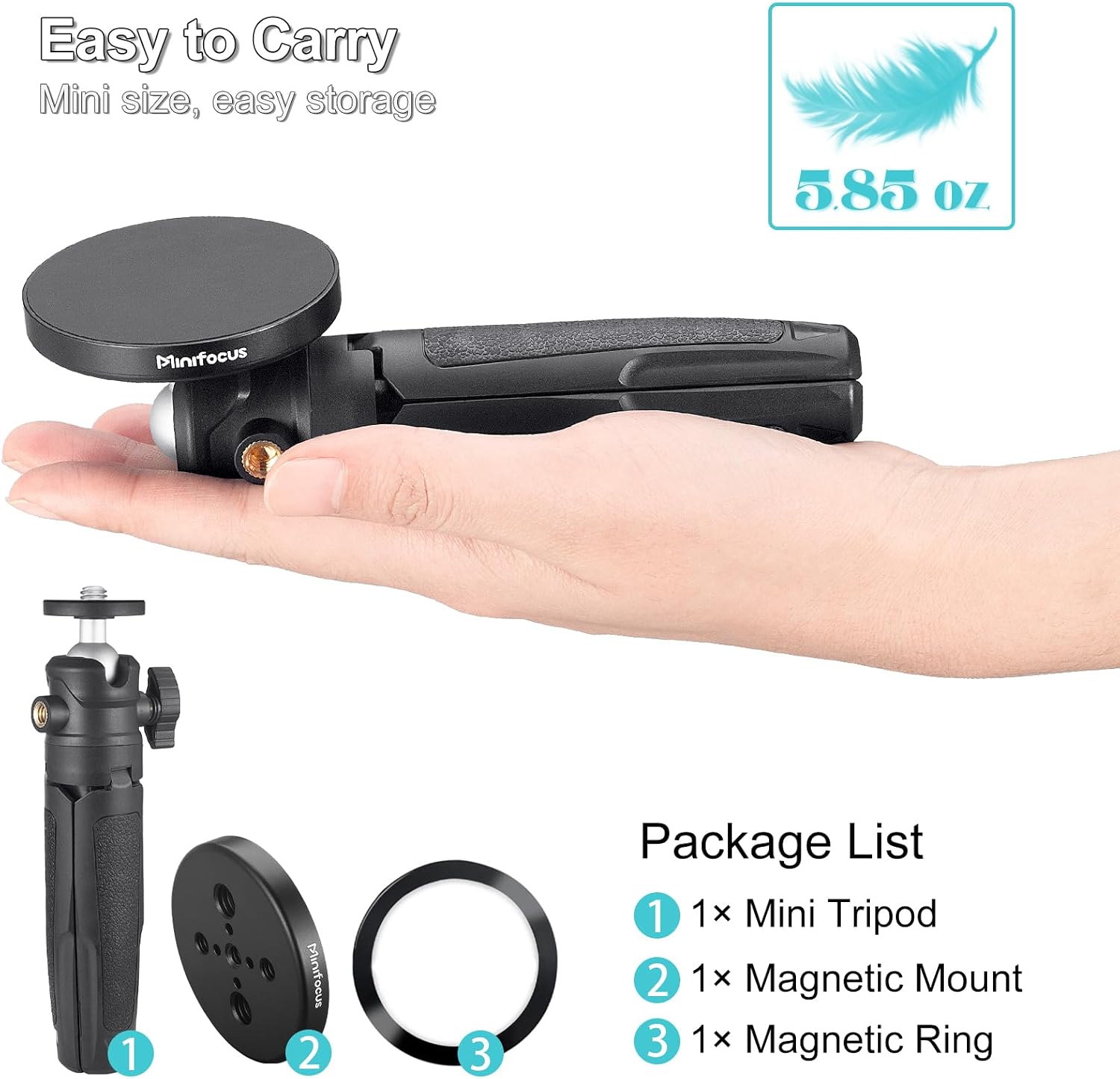 MINIFOCUS Magnetic Phone Tripod Stand with 360 Ball Head, Extendable Selfie Stick, Compatible with MagSafe, All Phones & Case