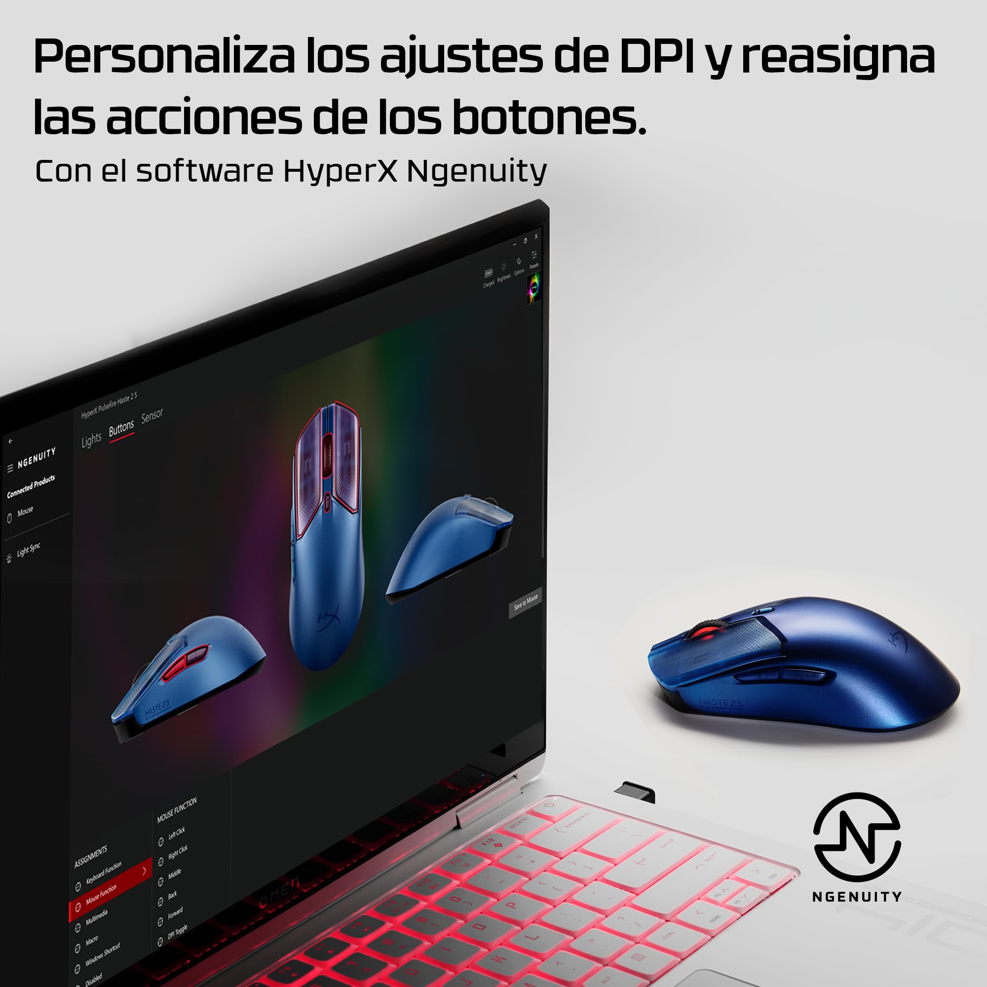 HyperX Pulsefire Haste 2 S - Ratón Gaming inalámbrico, Carcasa de magnesio, Ultra-Ligero 64g, batería 120h, Glass Skates, Sensor 26K, Color Plata