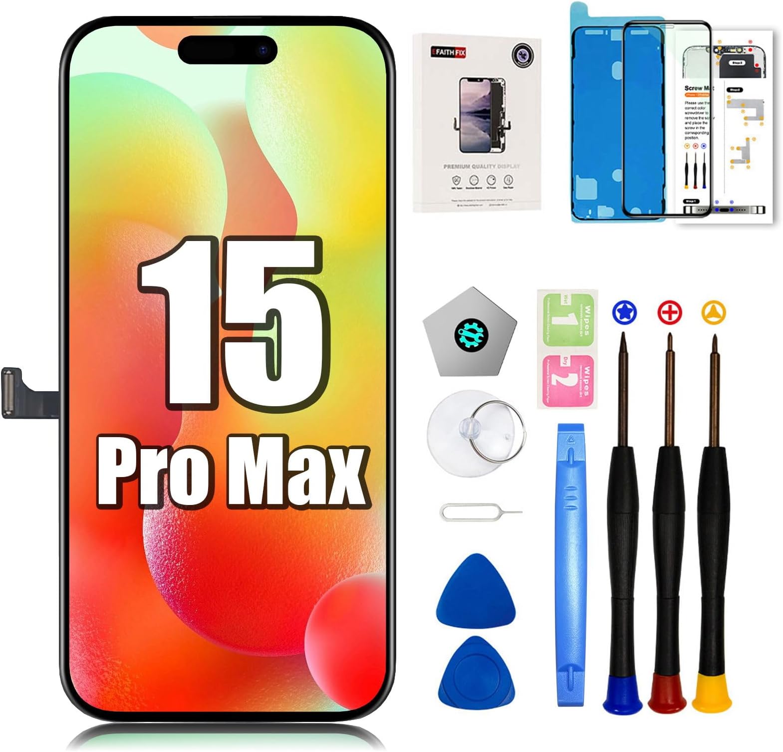 EFAITHFIX for iPhone 15 Pro Max Screen Replacement 6.7 Inch LCD COF 3D Touch Display Full HD Digitizer Frame Assembly (A2849 A3105 A3106 A3108) with Repair Tools Screen Protector Waterproof Adhesive