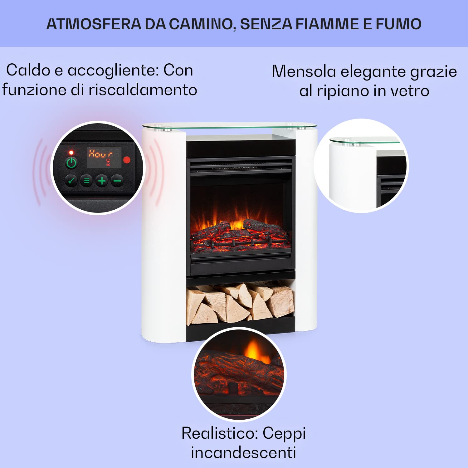 Klarstein Camino Elettrico, Camino da Parete con Mensola, Riscaldamento Elettrico con Fiamma LED, Caminetto 1800W, Finto Telecomando, Timer, Controllo Temperatura, Termocamino