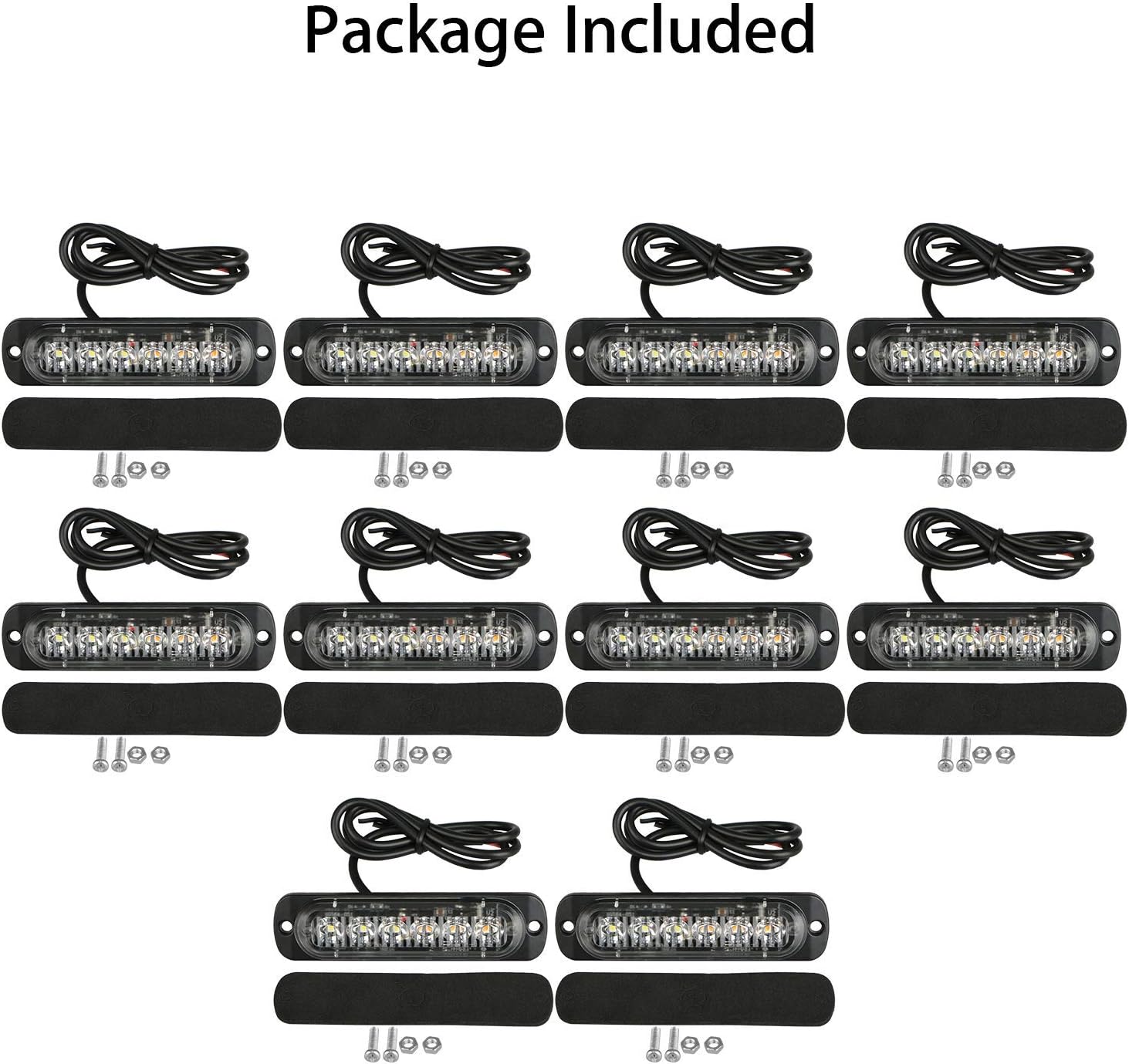 EEEKit 10 Pack LED Emergency Strobe Lights, Amber White 6 LED Strobe Warning Emergency Flashing Light Caution Construction Hazard Light Bar for Car Truck Van Off-road Vehicle ATV SUV Surface Mount