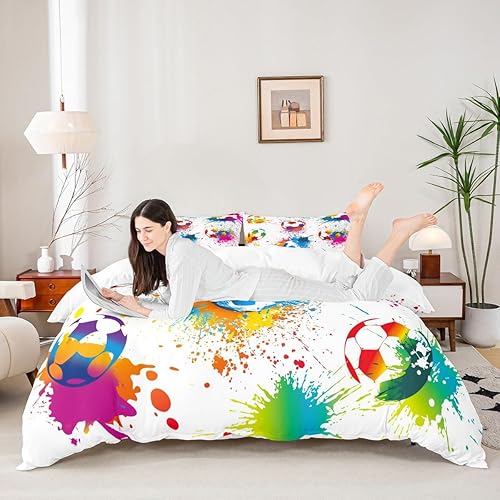 Miniatura 3 de Manfei Juego de funda de edredón de fútbol para niños, tamaño matrimonial, juego de ropa de cama colorido de fútbol de 3 piezas para decoración de