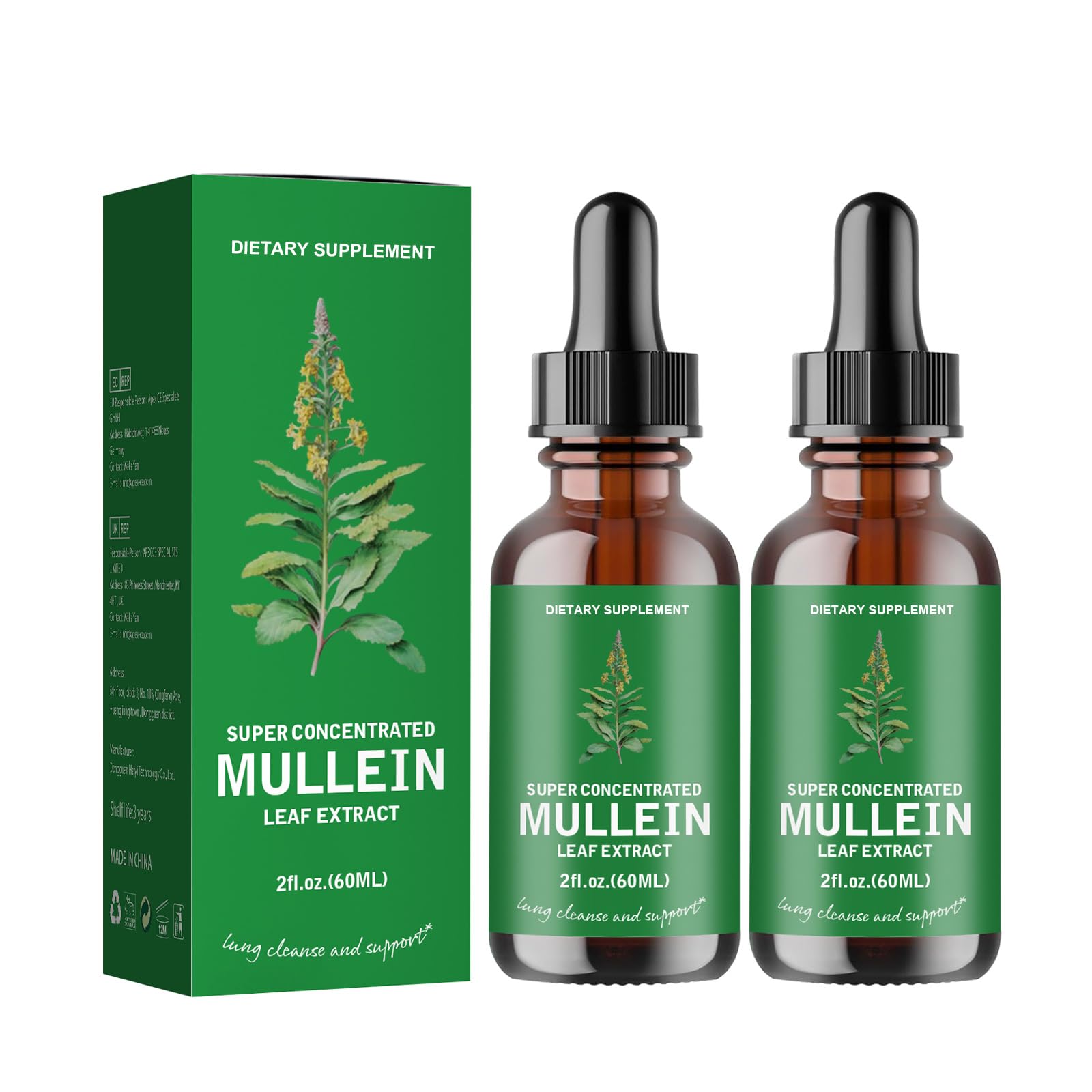 2 Pack Mullein Drops for Lungs - Mullein Leaf Extract for Lungs Support Lung Cleanse & Respiratory Function for Healthy Breathing - Natural Supplement, Tincture Drops | Non-GMO, Vegetarian