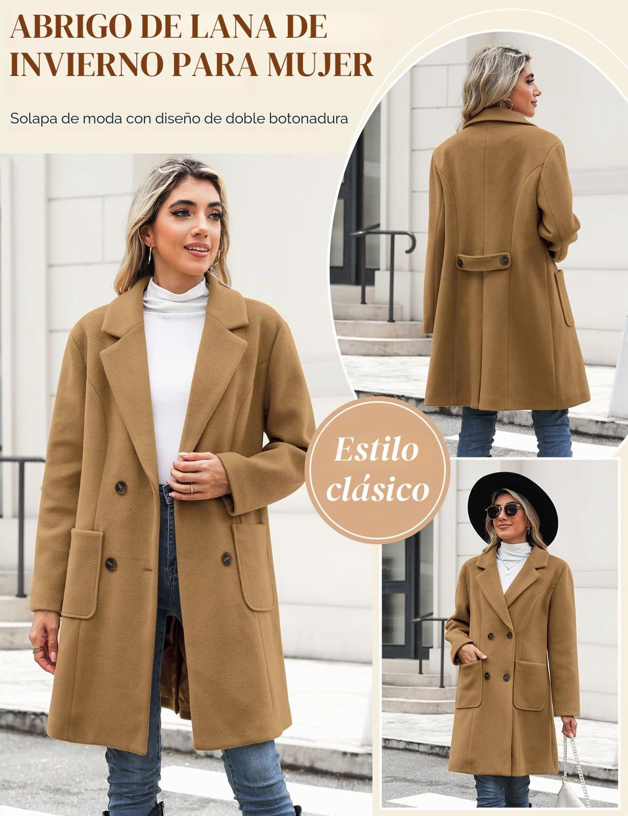 Yuson Abrigo Mujer Invierno Doble Botonadura Mezcla de Lana Grueso CáLido Cuello de Solapa Longitud Media