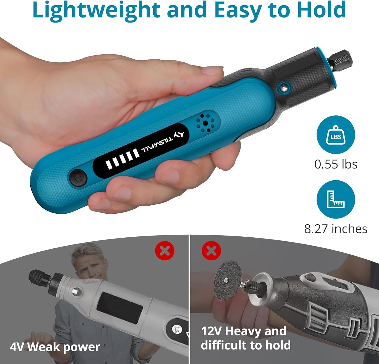 Tilswall Mini Cordless Rotary Tool held in hand, highlighting its lightweight design