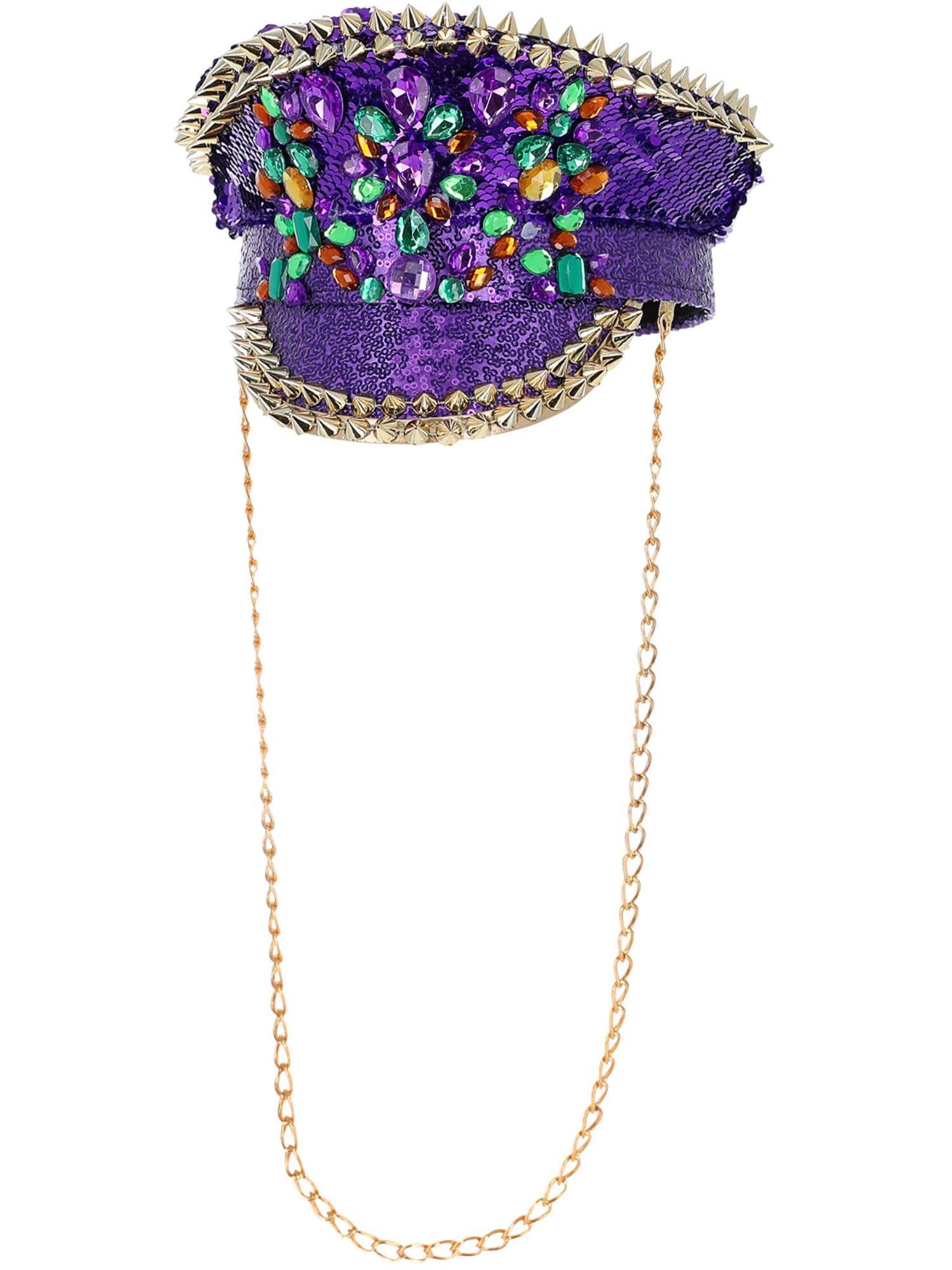 Smiffys Fever Deluxe Sequin Studded Captains Hat, Purple with Chain, Fever Accessories Fancy Dress, Adult Dress Up Hats