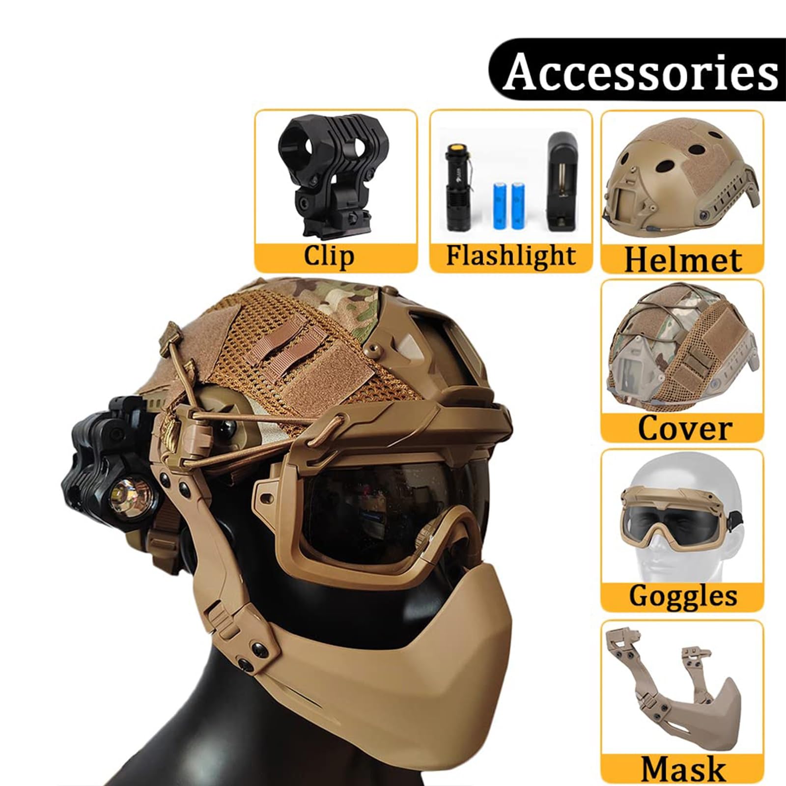 Set Casco Tattico da Softair con Maschera da Paintball Regolabile Occhiali, Copricasco Torcia Per Giochi di Sopravvivenza All'aperto