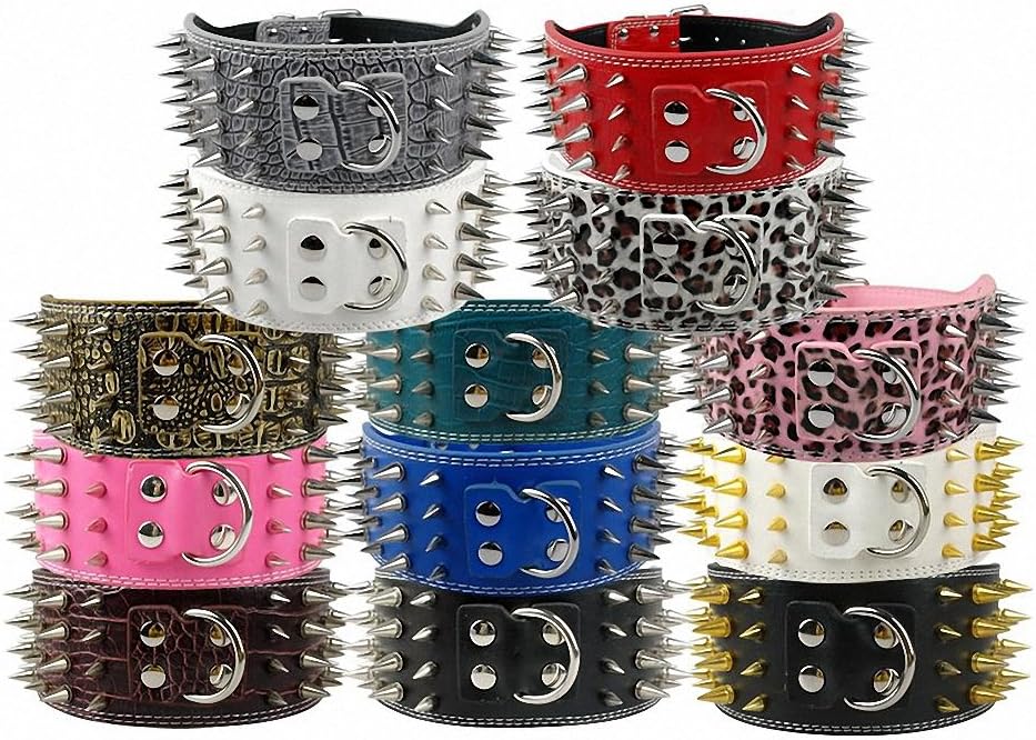 Style 3 inch Wide 11 Colors Spiked Studded PU Leather Large Dog Collars for Pit Bull Yellow XL