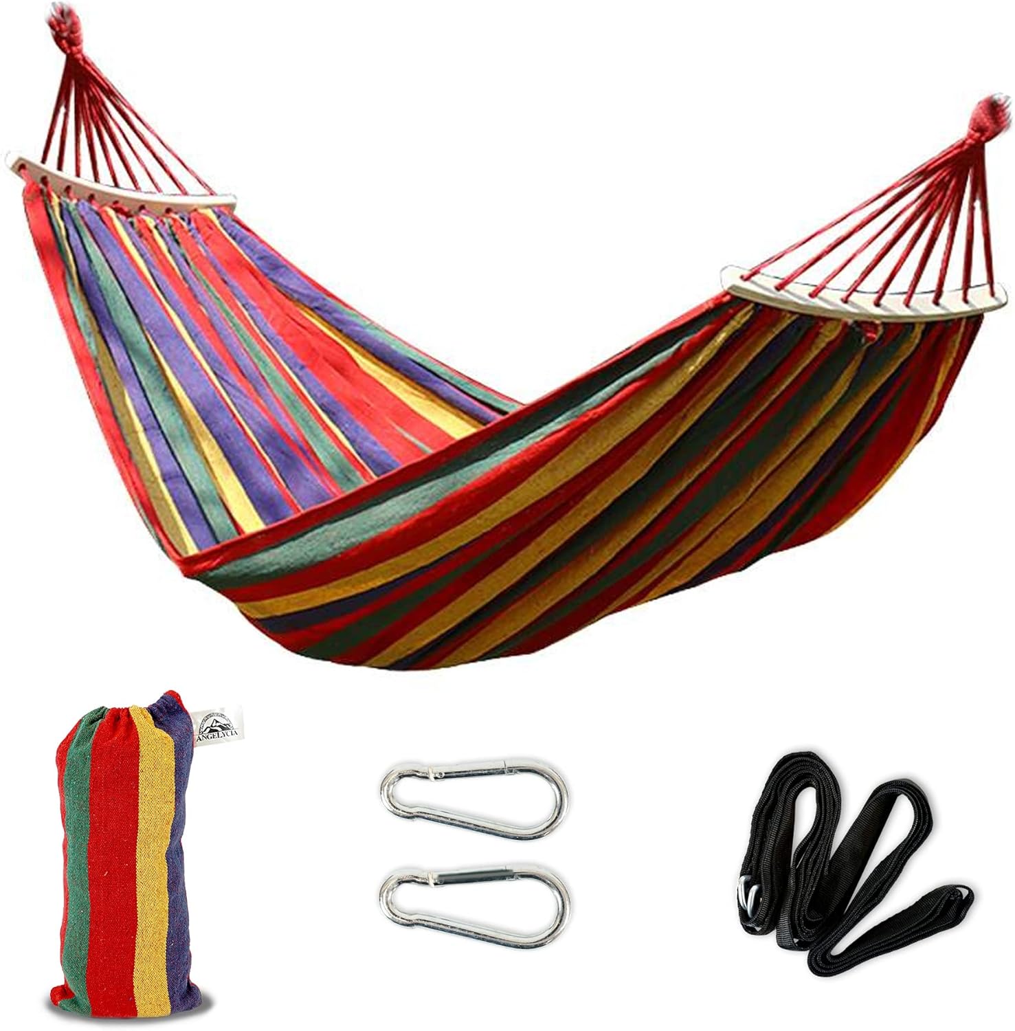 ANGELYCIA Brazilian Large Single Canvas Cotton Hammock | Weights up to 400 lb. | Indoor & Outdoor Hammock Bed for Stand, Patio, Garden, Backyard Lounging | Hammocks for Outside (Rainbow Stripe)