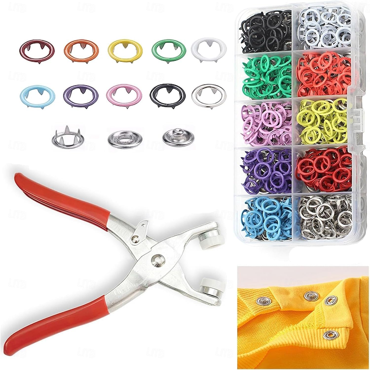 100pcs Stainless Snap Button Fastener Kit with Tool Set & Heavy-Duty Pliers-Like Tool (9.5mm) - 10 Color-Coded Snap Buttons for Clothing, Jeans, Bags, Jackets