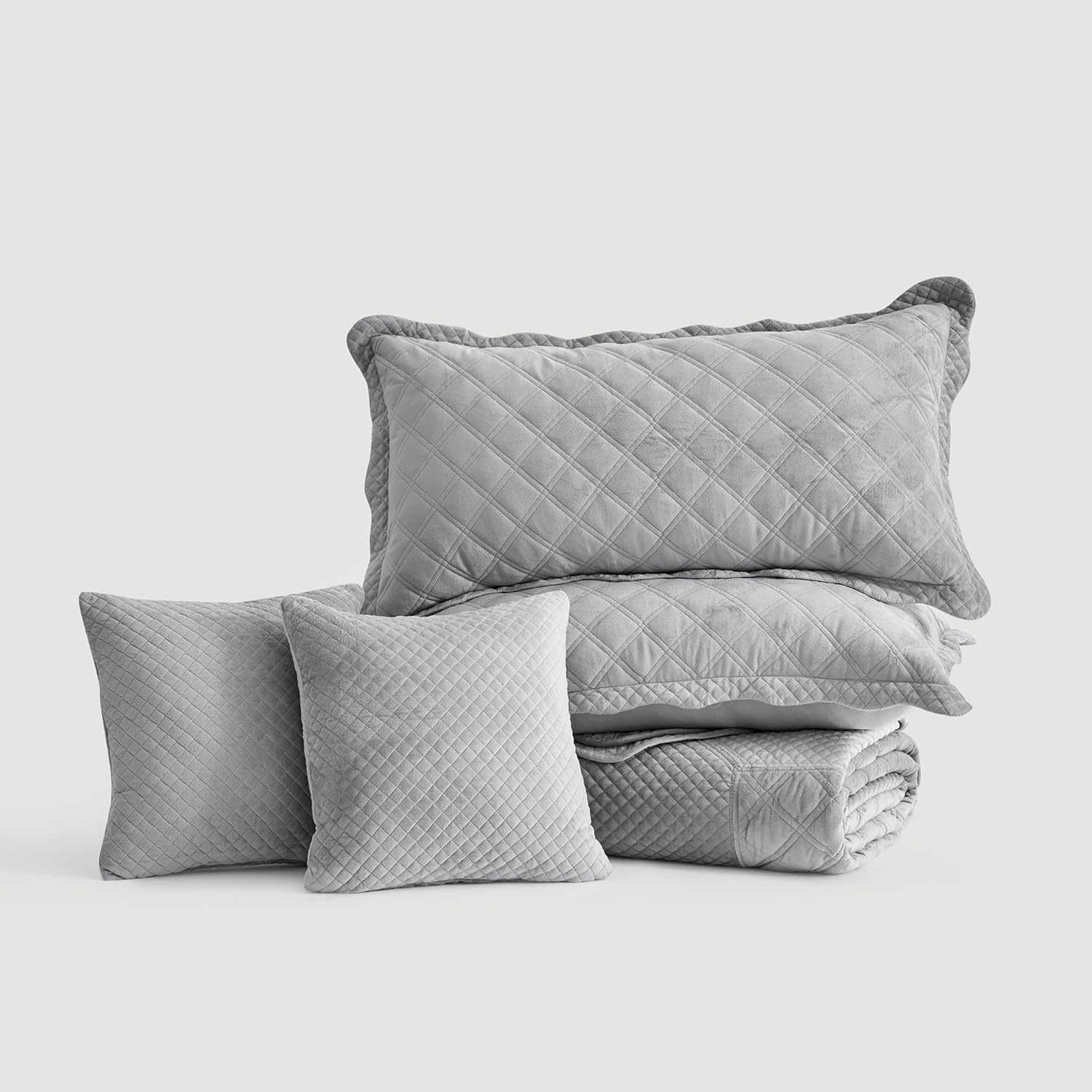 Oversized Velvet Quilt King 128x120 Extra Wide – Reversible Velvet Bedspread & Coverlet Set, 5 Piece Lightweight All Season Comforter Bedding, Geometric Diamond Quilted Design, Grey