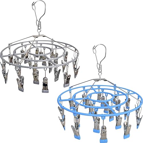 Paquete de 2 estantes de secado de ropa interior, colgador de ropa para calcetines con 48 clips, redondo de acero inoxidable resistente para colgar