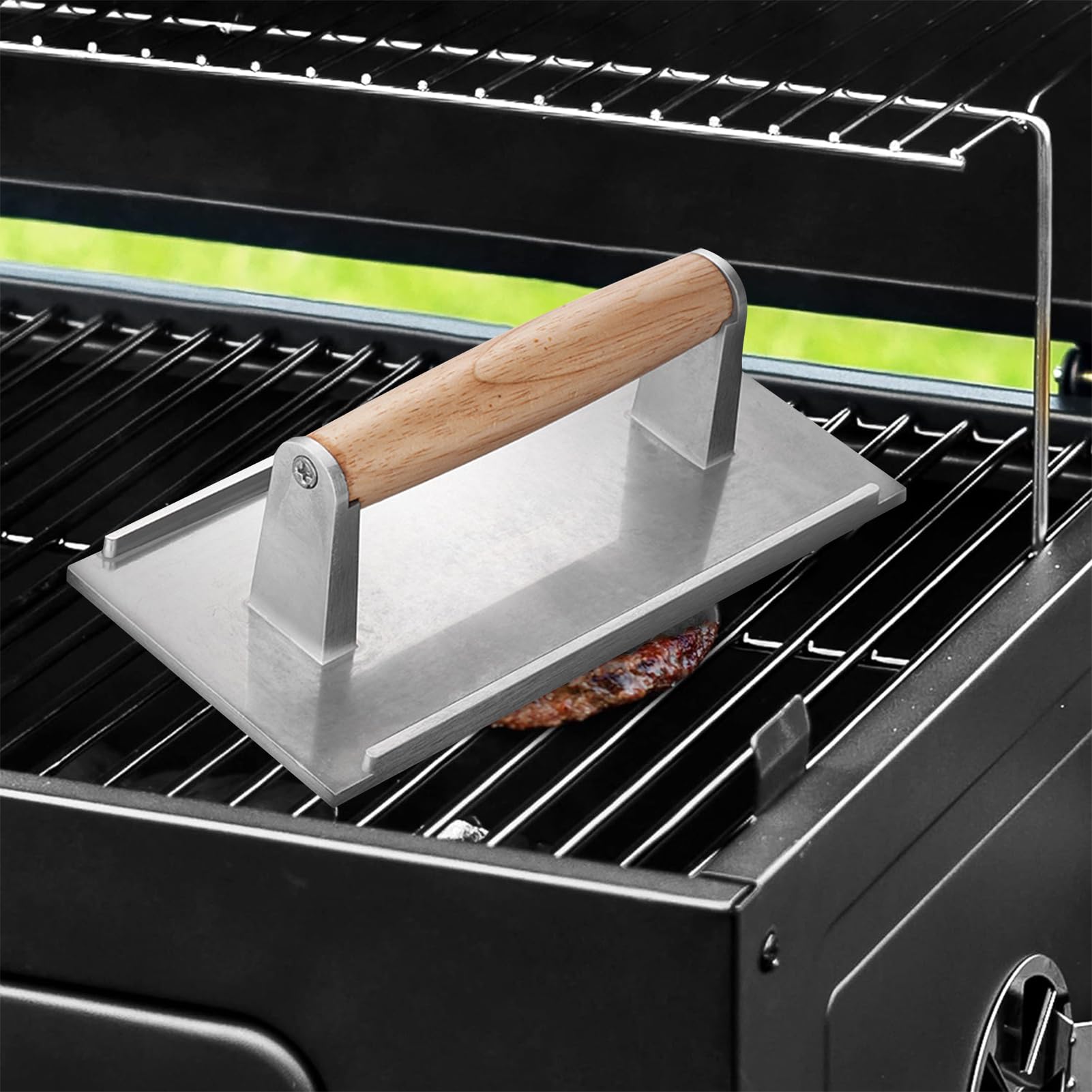 Pressa per Bistecca al Bacon, Peso di Cottura in Ghisa, Design con Impugnatura Comoda con Manico in Legno, Spianatrice Antiaderente Resistente, Accessorio per Padella per per Hamburger per Attr