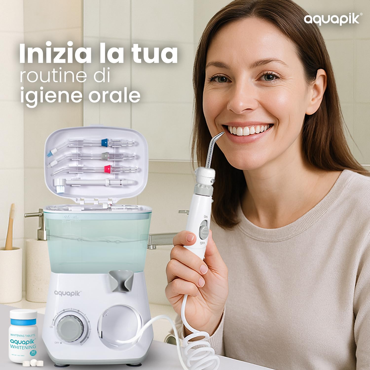 Aquapik® Hydropulseur Advanced Irrigateur buccal Idéal pour l'orthodontie, les implants et les gencives sensibles Kit blanchissant + 10 buses | 10 niveaux de pression