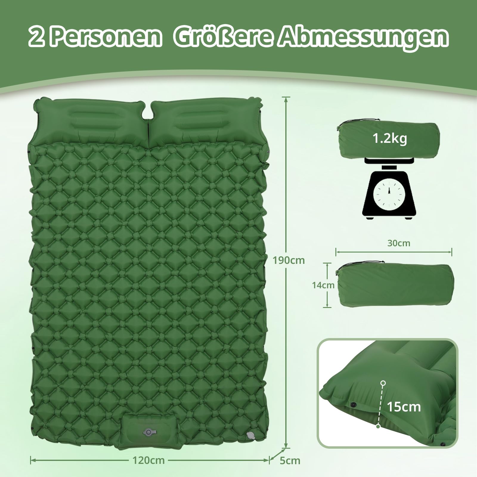 Materassino autogonfiabile per 2 persone, materassino da campeggio con pompa, ultraleggero con cuscino integrato, impermeabile, per esterni, escursioni, 120 x 190 cm (verde)