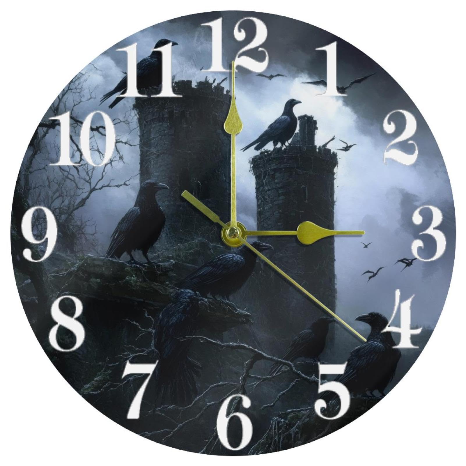 Horloge murale corbeaux noirs d'Halloween, pendule ronde silencieuse à quartz pour salon et bureau