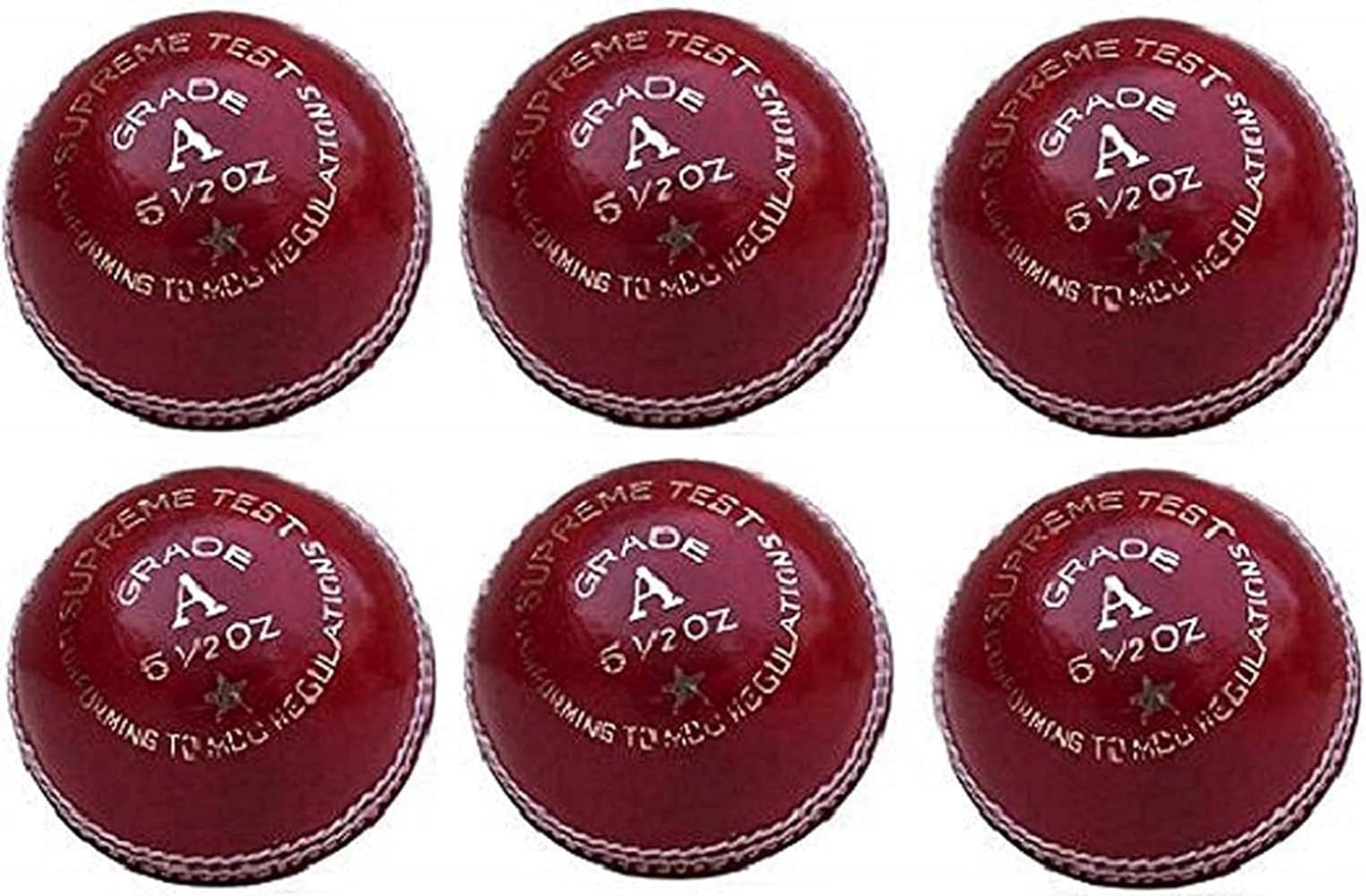 BOOM Prime Match Quality Red Leather Cricket Balls Grade A Test Senior Mens Hand Stitched Pack of 6 Weight 5.5oz